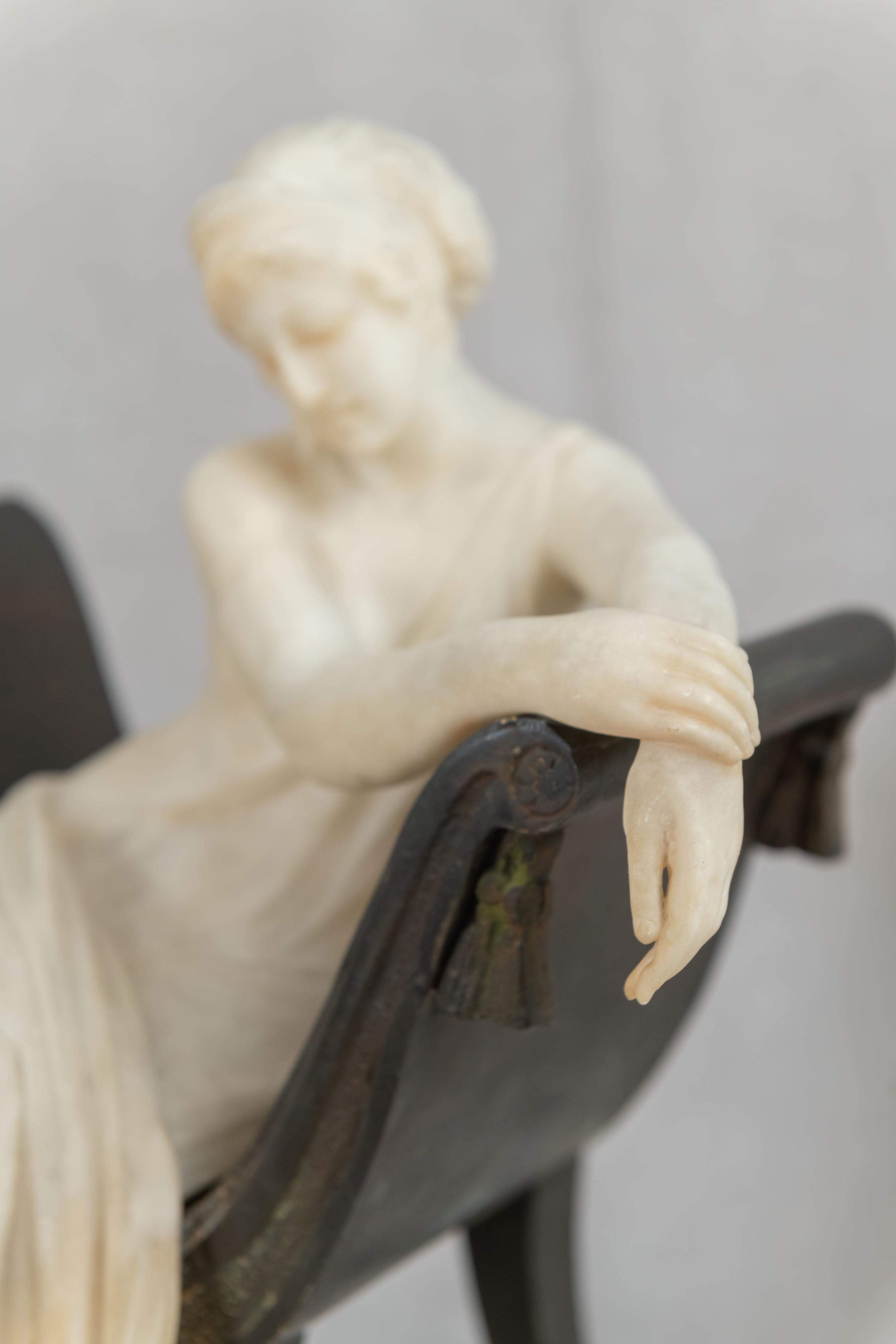 Carved Alabaster Lady Seated in a Bronze Chair, Artist Signed, Italian, ca. 1900 1