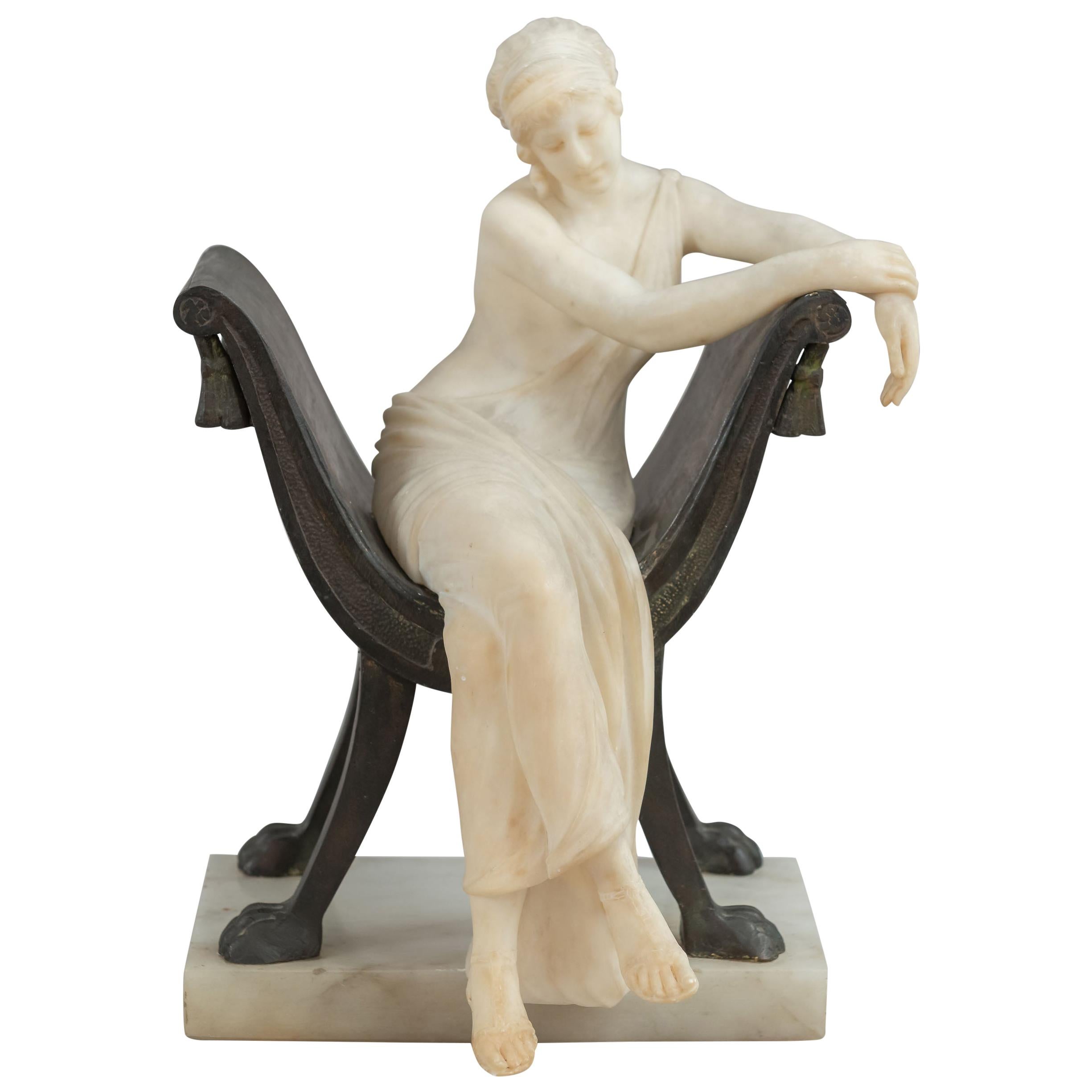 Carved Alabaster Lady Seated in a Bronze Chair, Artist Signed, Italian, ca. 1900