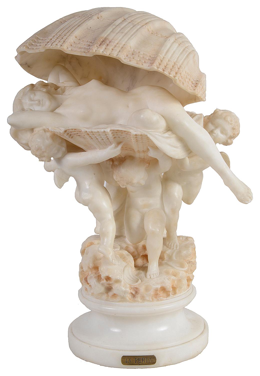 An enchanting carved Alabaster lamp depicting an oyster shell, supported by three cherubs with a sleeping nymph within, circa 1920. Measures: 42 cm (16.5