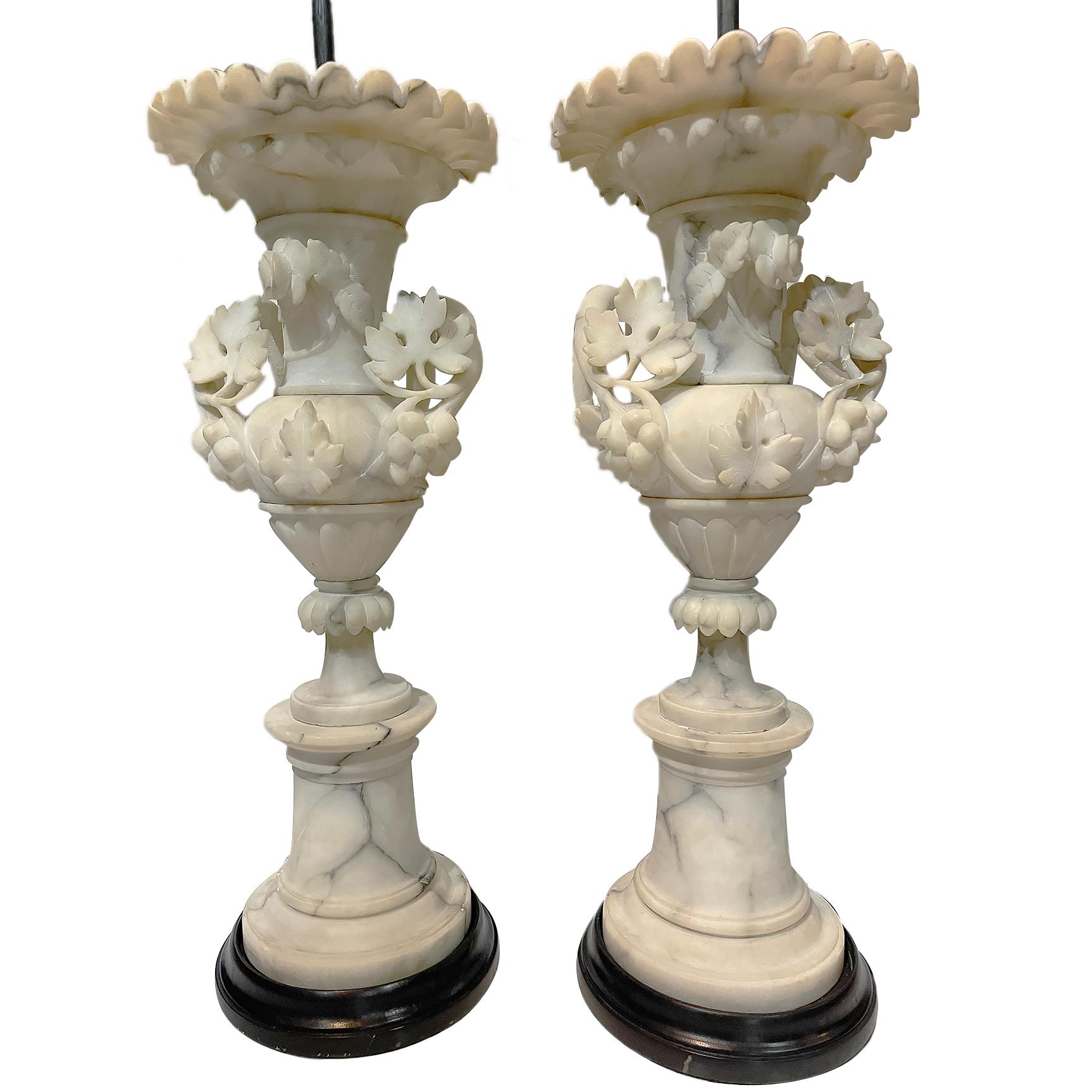 Italian Carved Alabaster Lamps with Foliage Motif For Sale