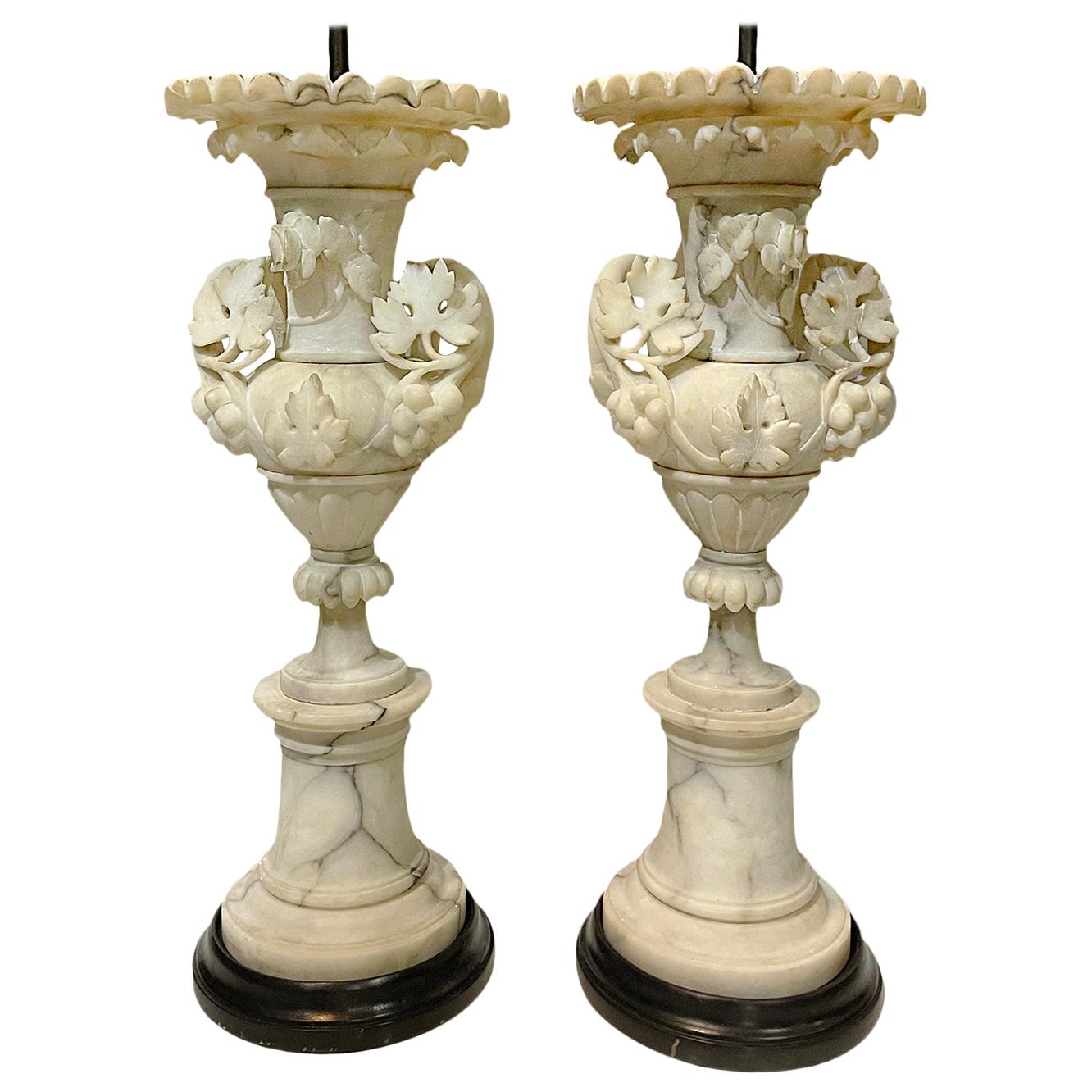 Carved Alabaster Lamps with Foliage Motif For Sale