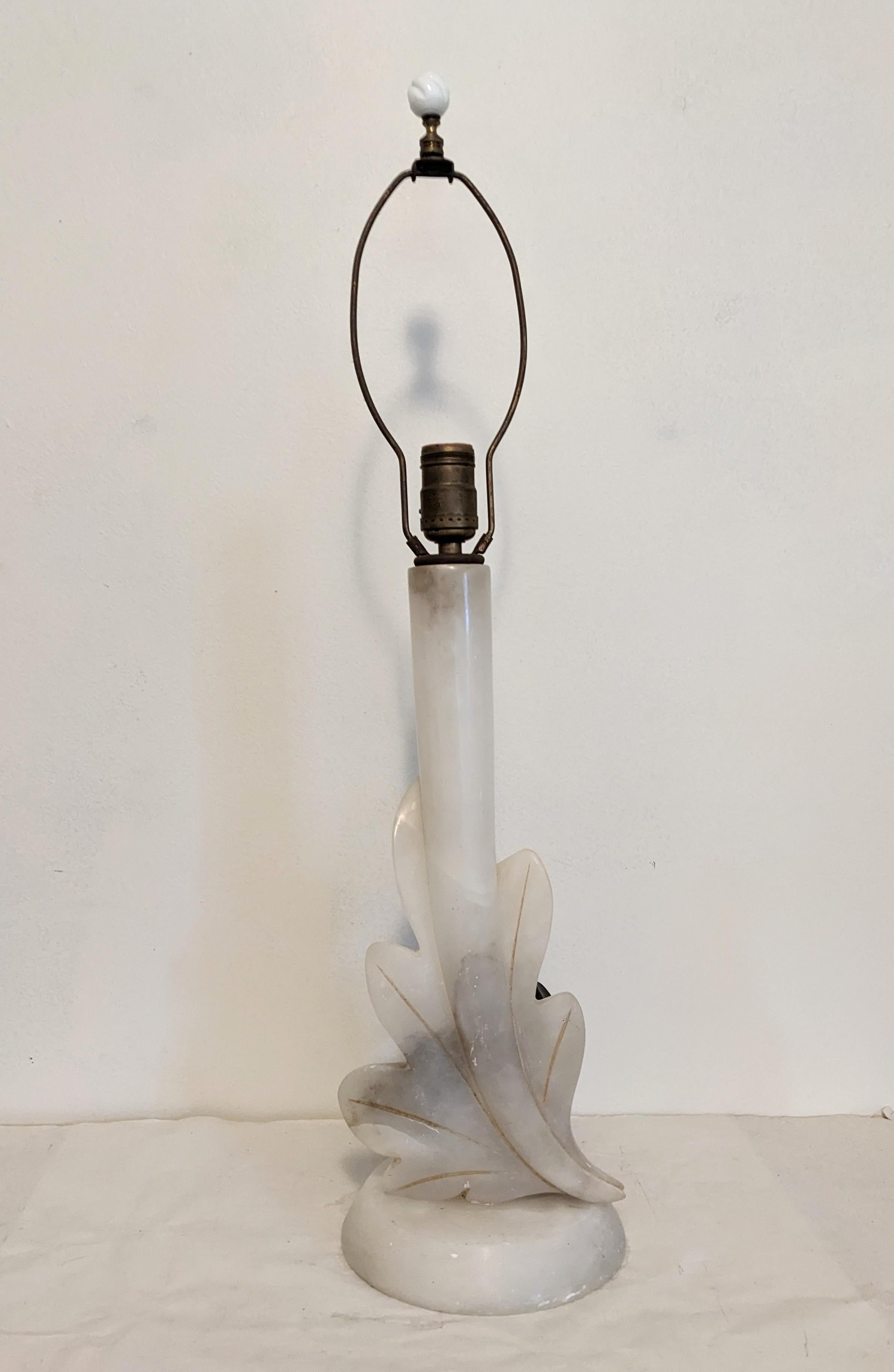 Elegant retro carved alabaster leaf lamp from the 1940s. Hand carved with placed stone coloration so there is a deeper shade highlighted on leaf. 
Total height 28