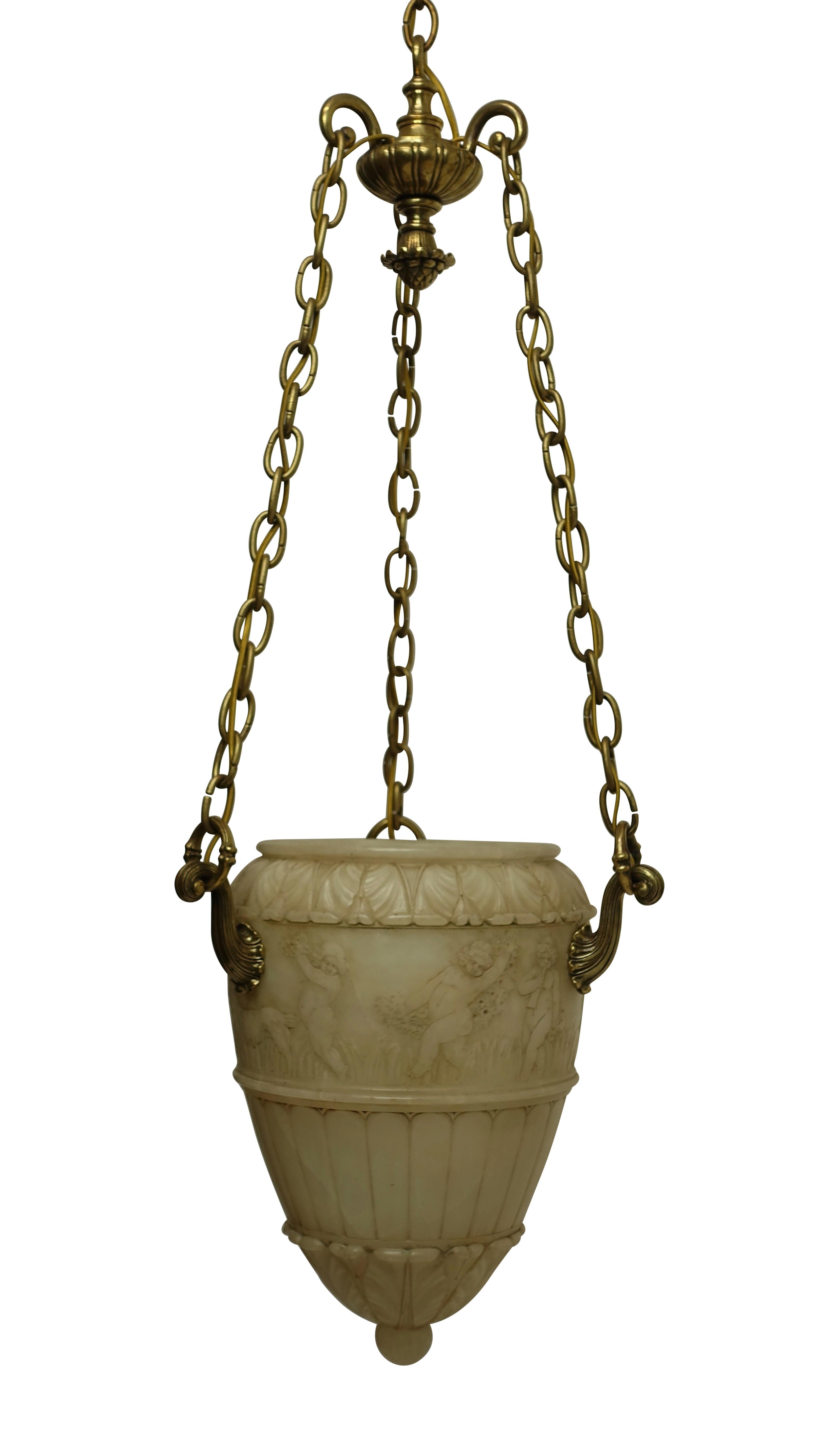 Neoclassical Carved Alabaster Pendant Light Fixture with Brass Hardware, Italian, circa 1910 For Sale
