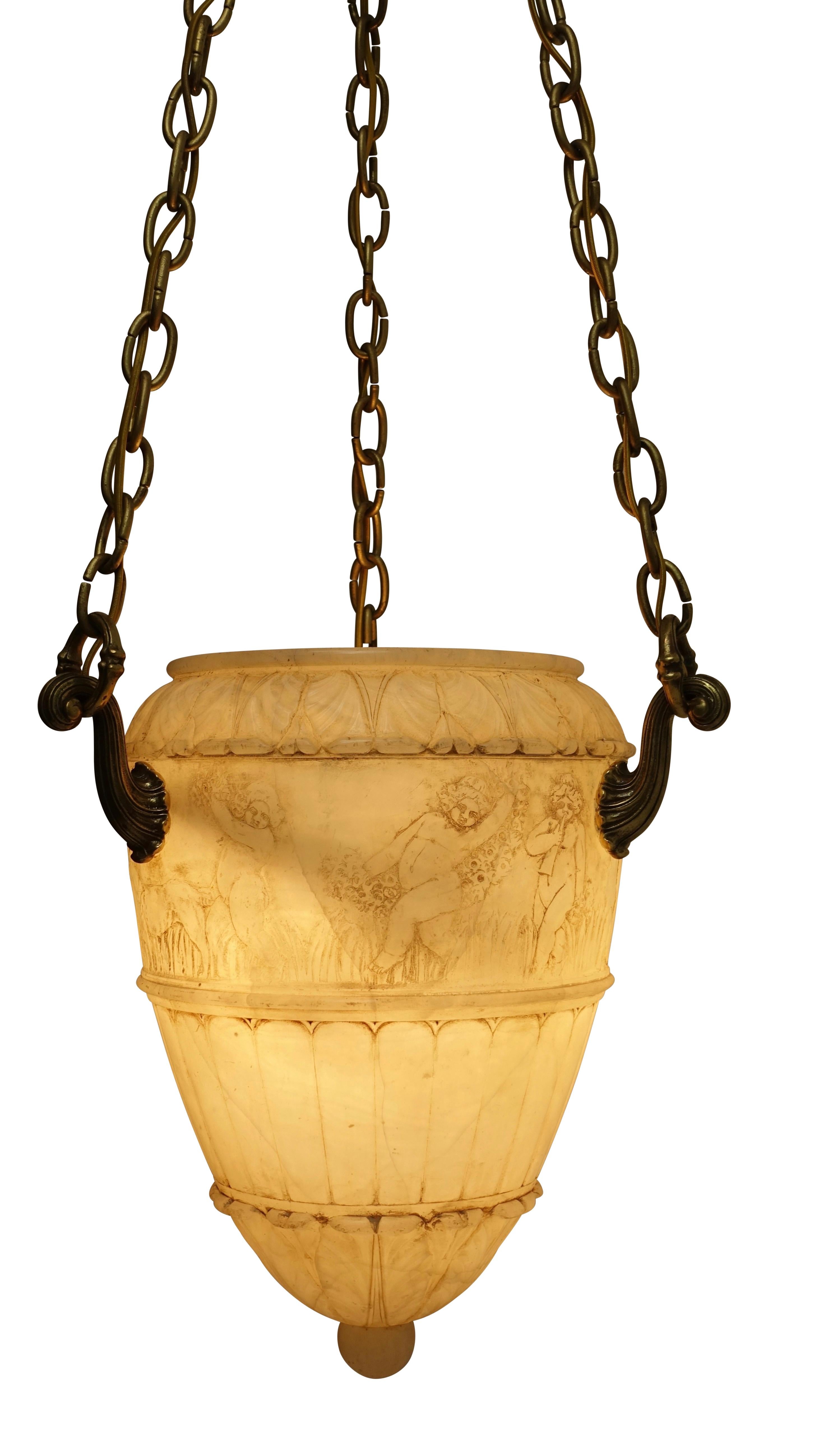 Carved Alabaster Pendant Light Fixture with Brass Hardware, Italian, circa 1910 In Good Condition For Sale In San Francisco, CA