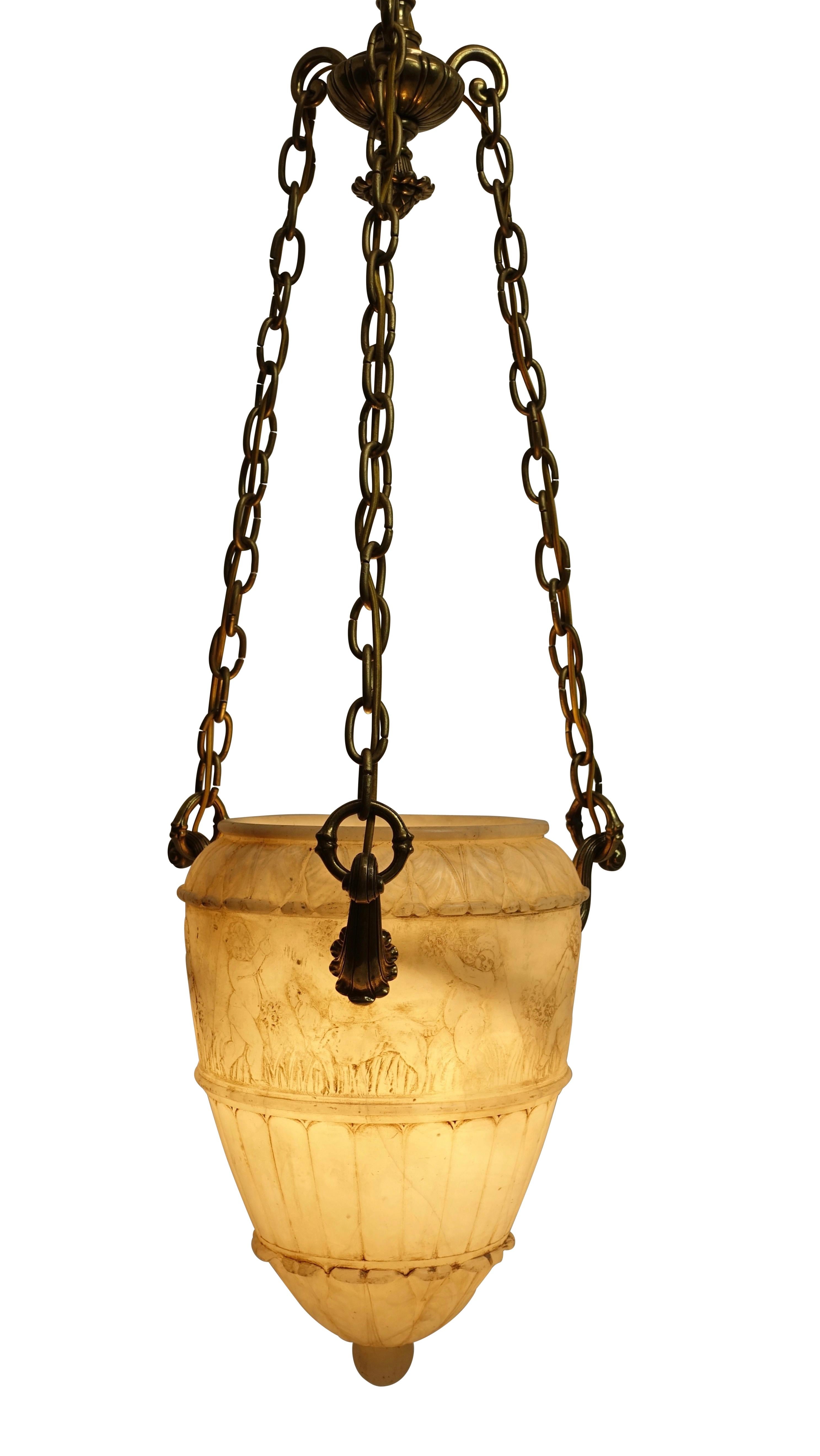 20th Century Carved Alabaster Pendant Light Fixture with Brass Hardware, Italian, circa 1910 For Sale