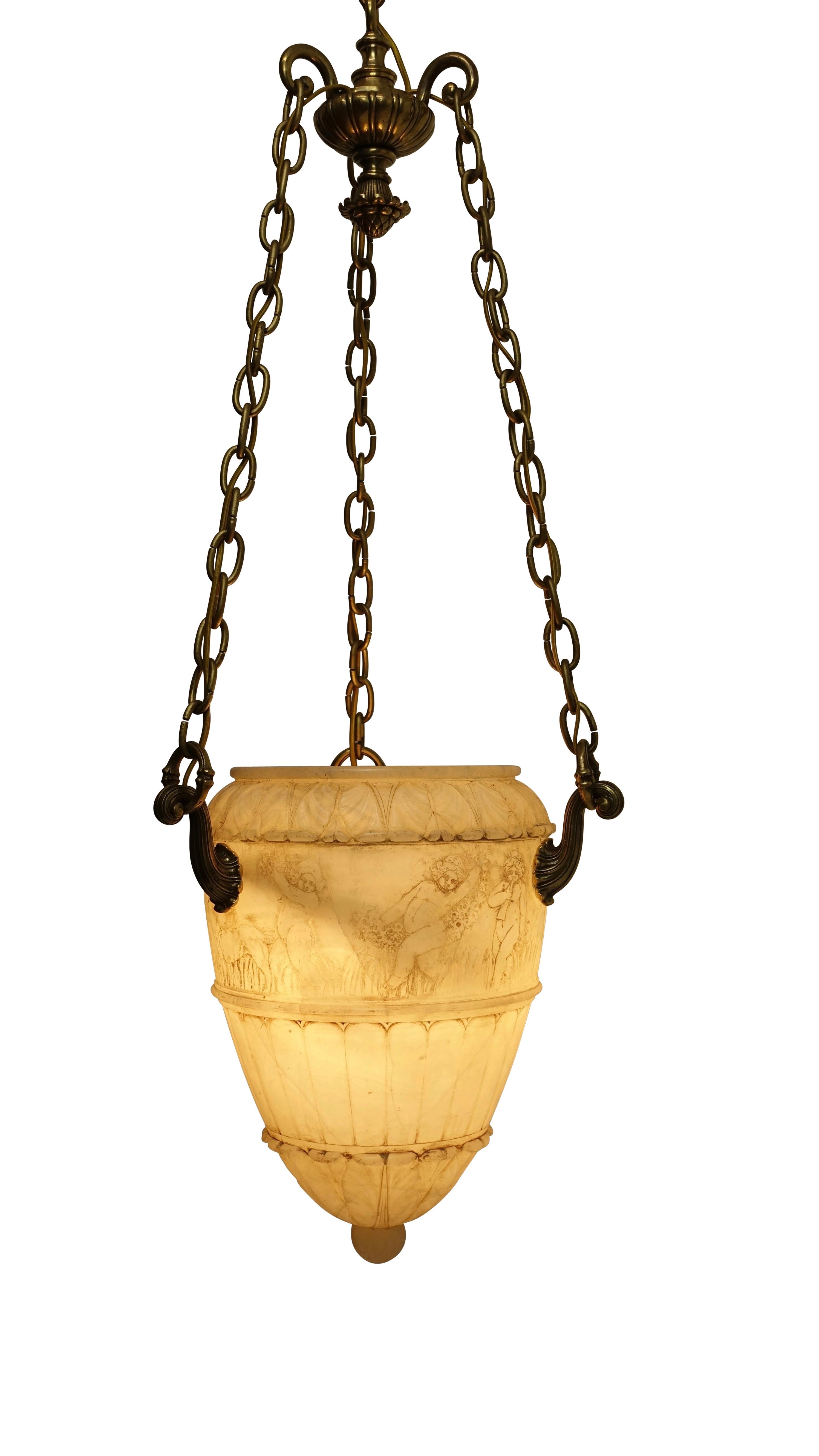 Carved Alabaster Pendant Light Fixture with Brass Hardware, Italian, circa 1910 For Sale 1