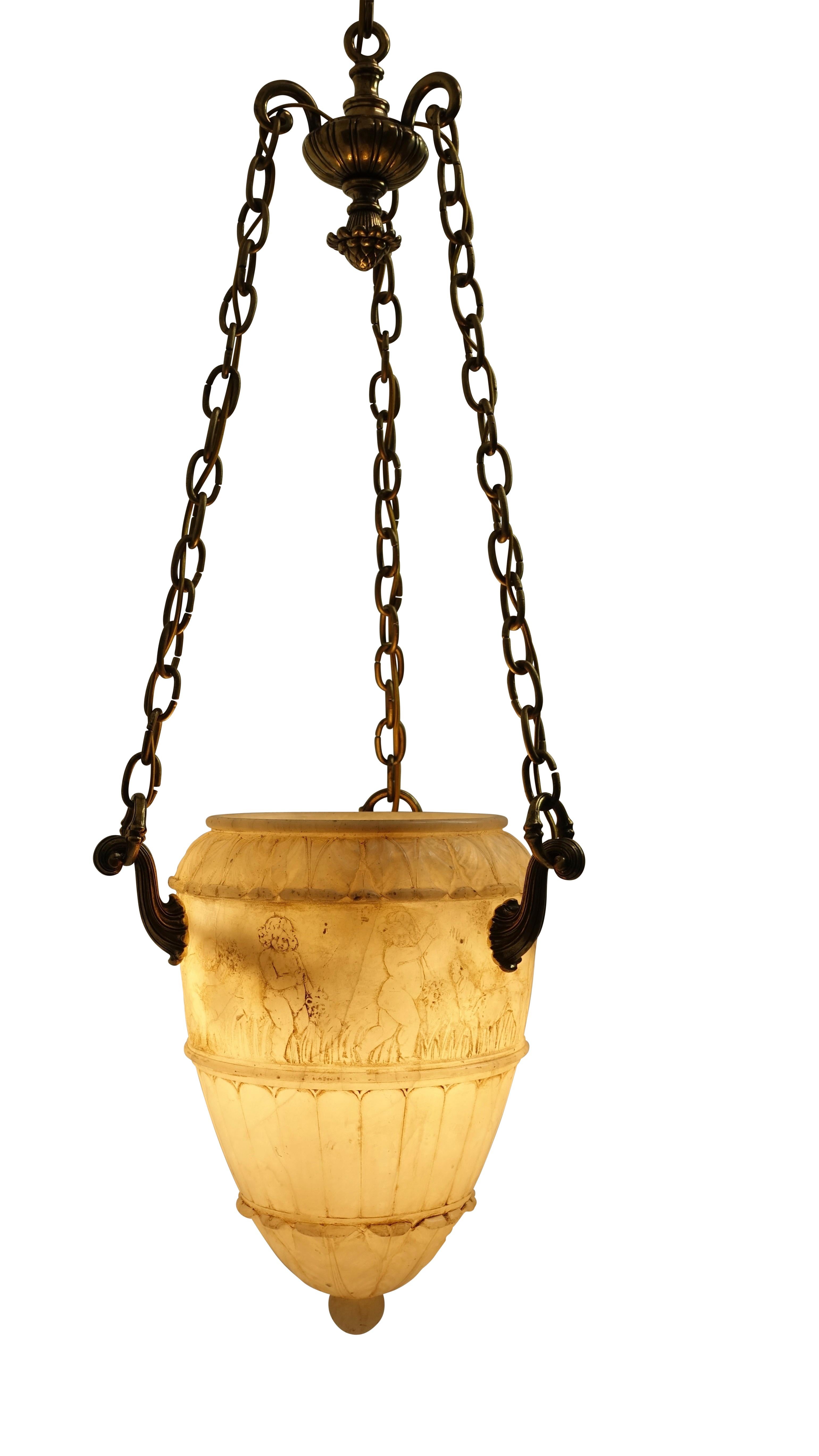 Carved Alabaster Pendant Light Fixture with Brass Hardware, Italian, circa 1910 For Sale 2