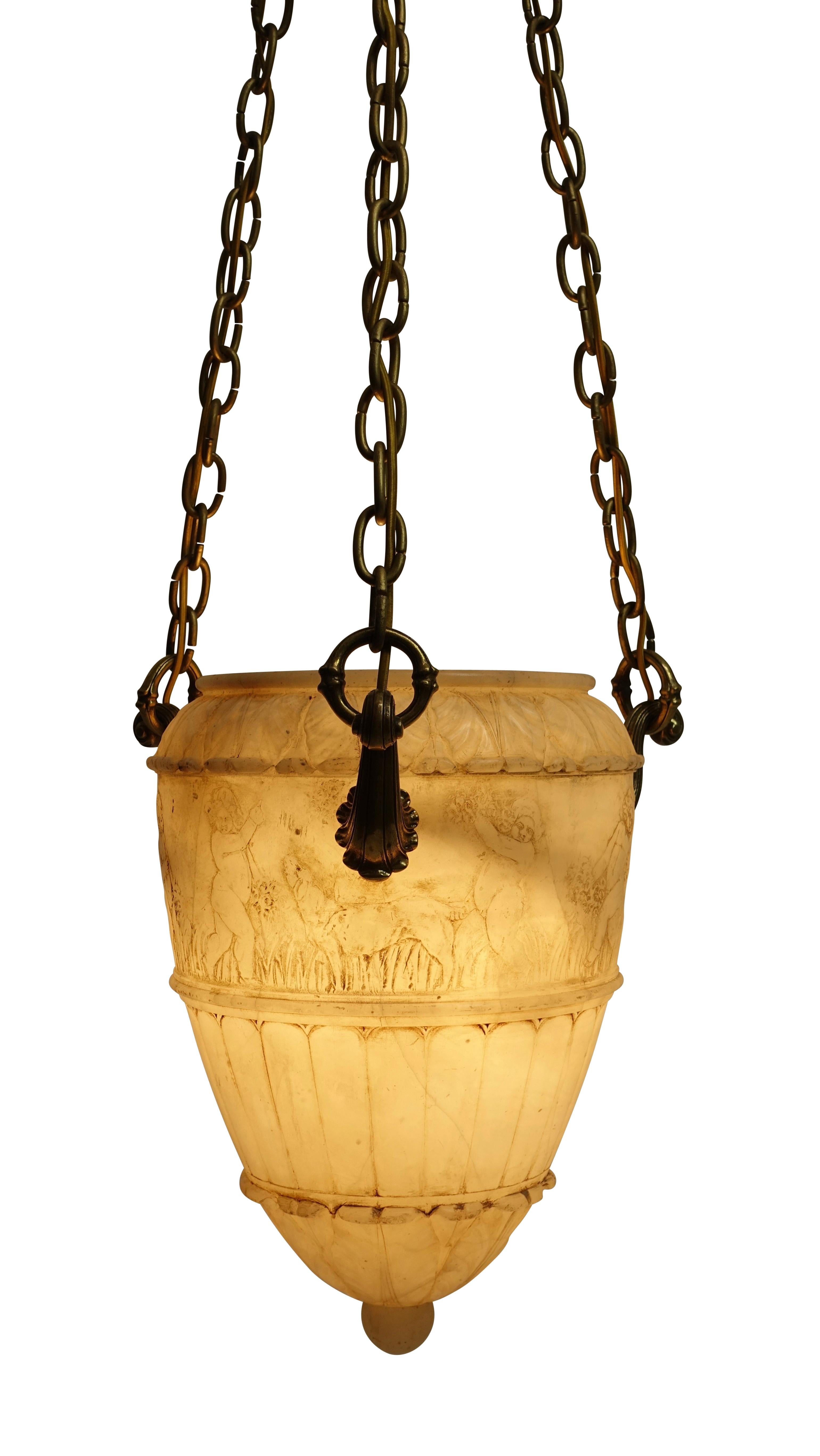 Carved Alabaster Pendant Light Fixture with Brass Hardware, Italian, circa 1910 For Sale 3