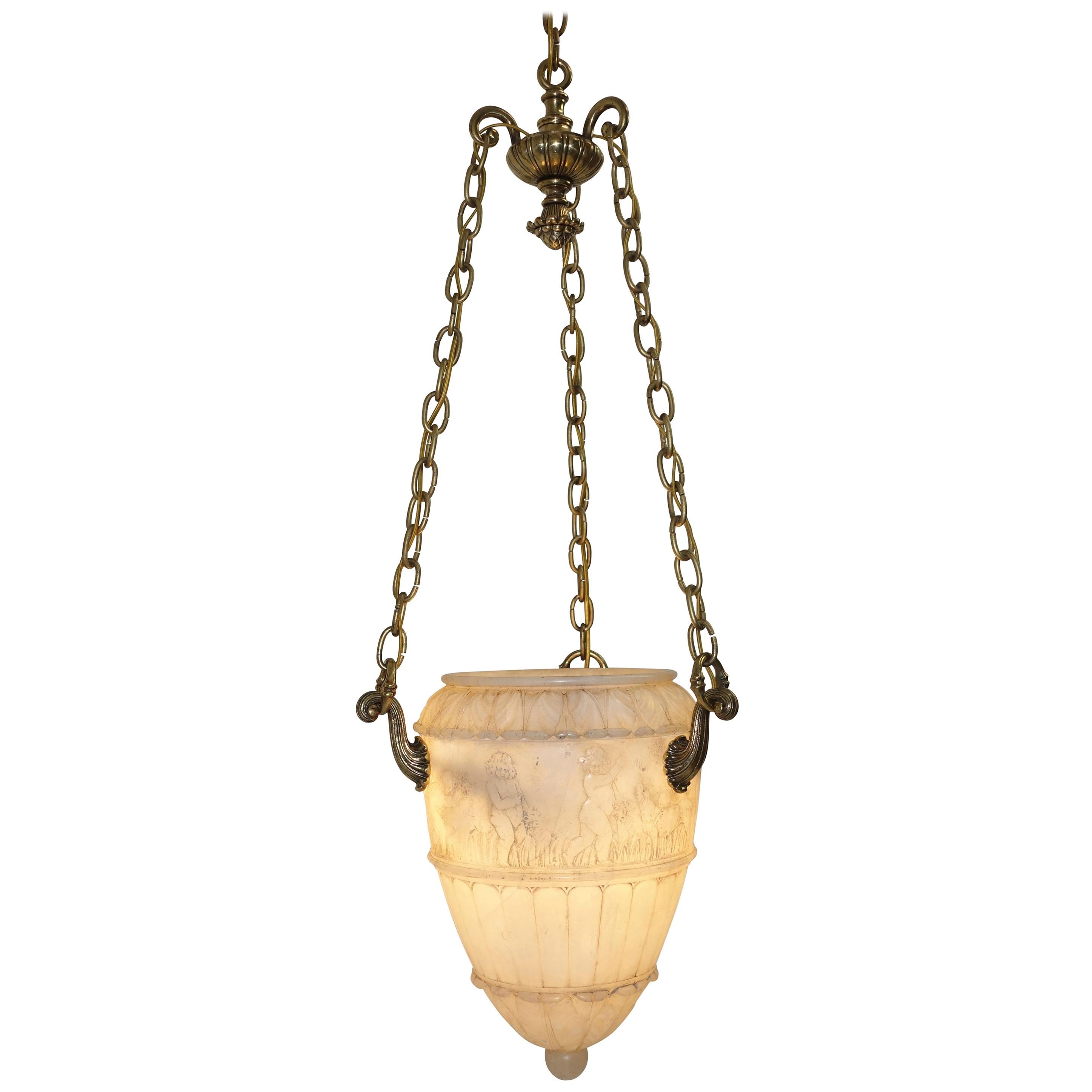 Carved Alabaster Pendant Light Fixture with Brass Hardware, Italian, circa 1910 For Sale