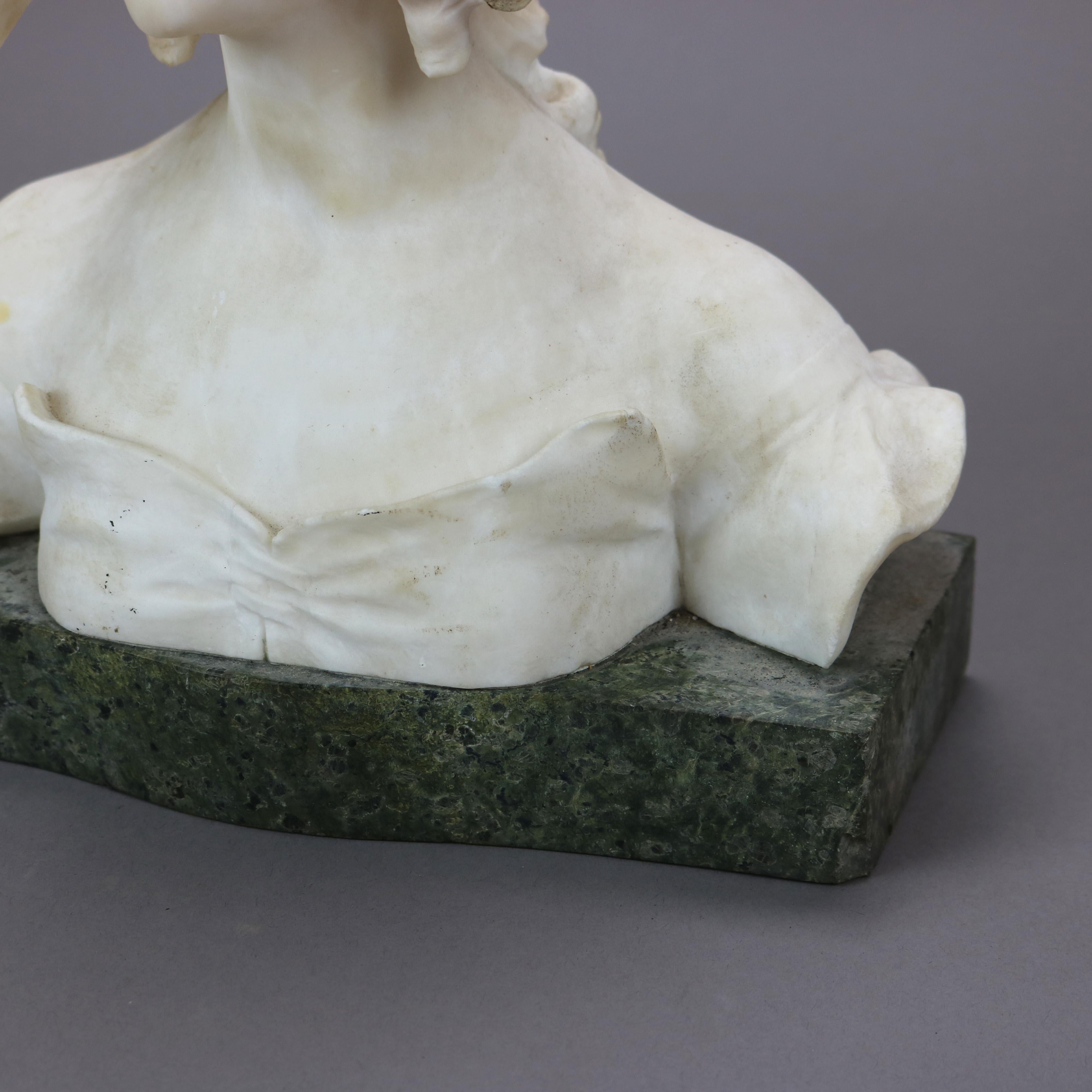 Carved Alabaster Portrait Sculpture of a Young Woman, Green Marble Plinth c1900 7