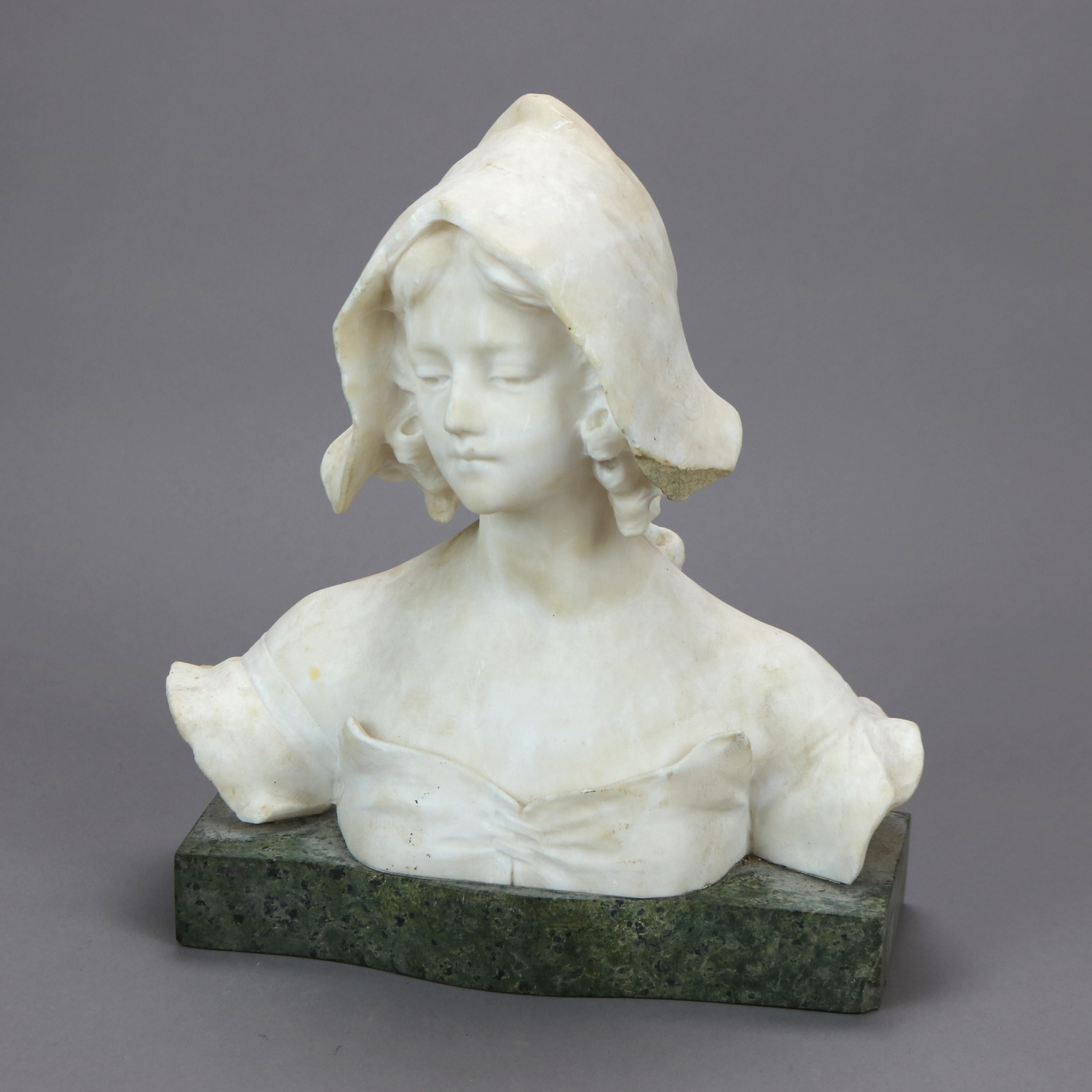 Carved Alabaster Portrait Sculpture of a Young Woman, Green Marble Plinth c1900 In Good Condition In Big Flats, NY