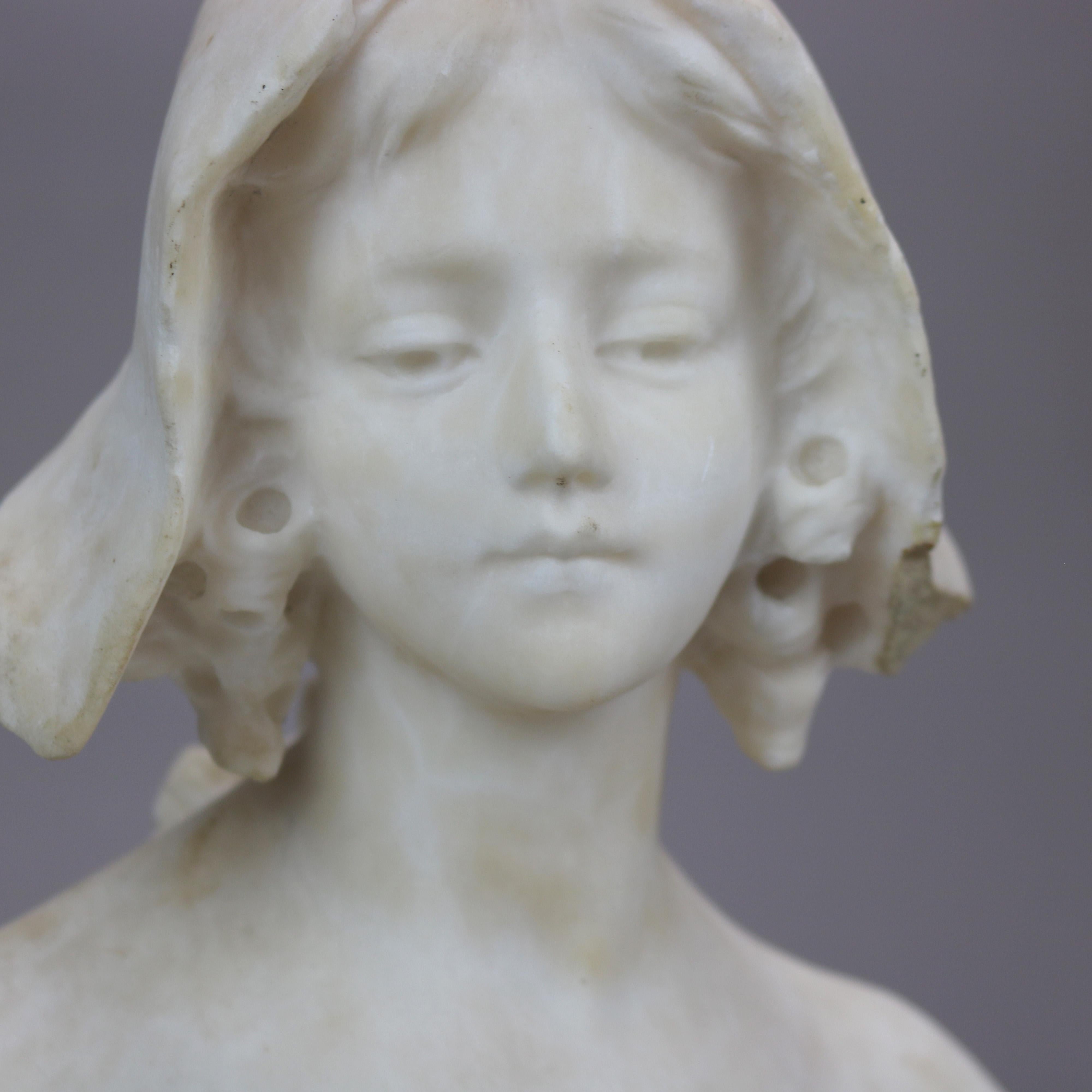 20th Century Carved Alabaster Portrait Sculpture of a Young Woman, Green Marble Plinth c1900