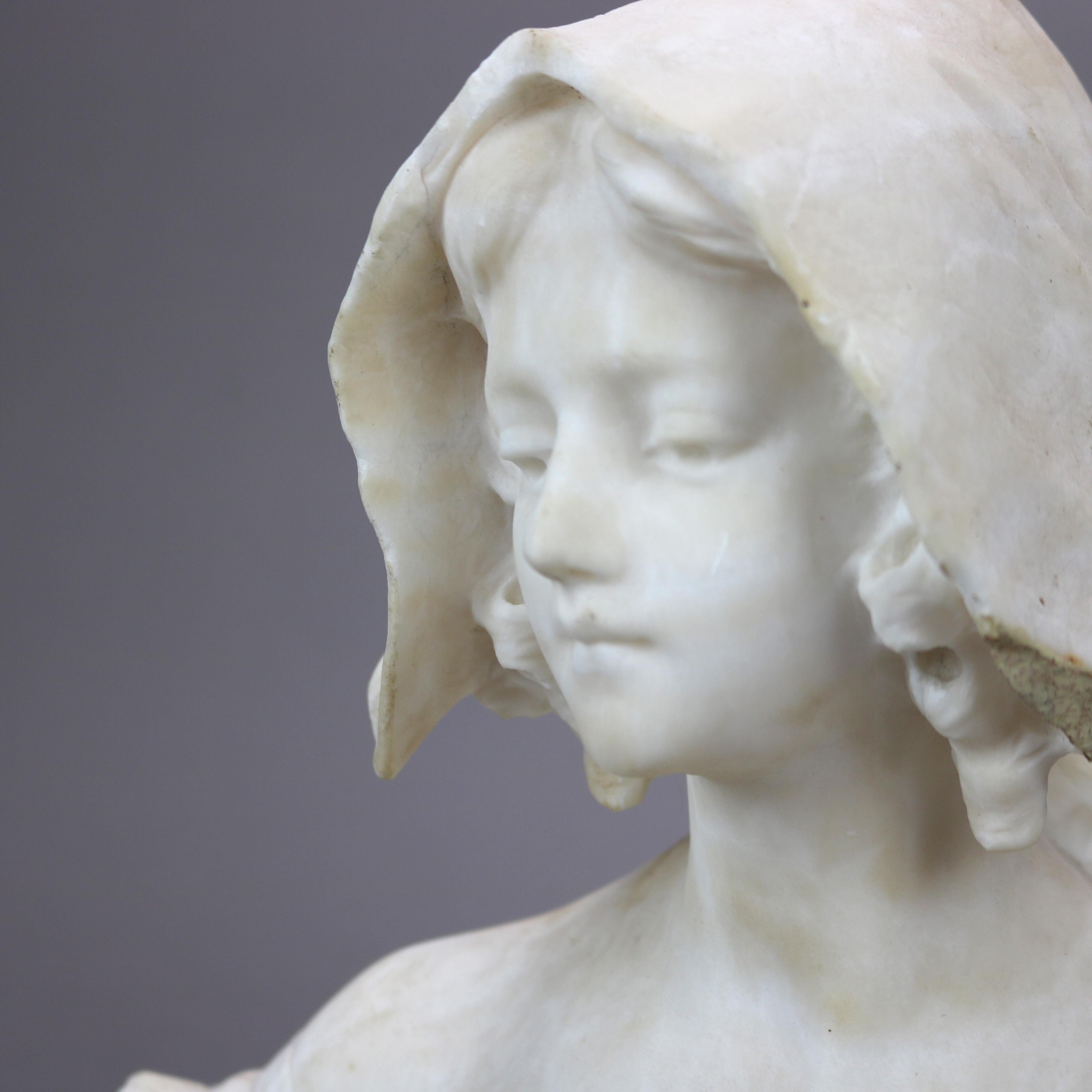 Carved Alabaster Portrait Sculpture of a Young Woman, Green Marble Plinth c1900 1