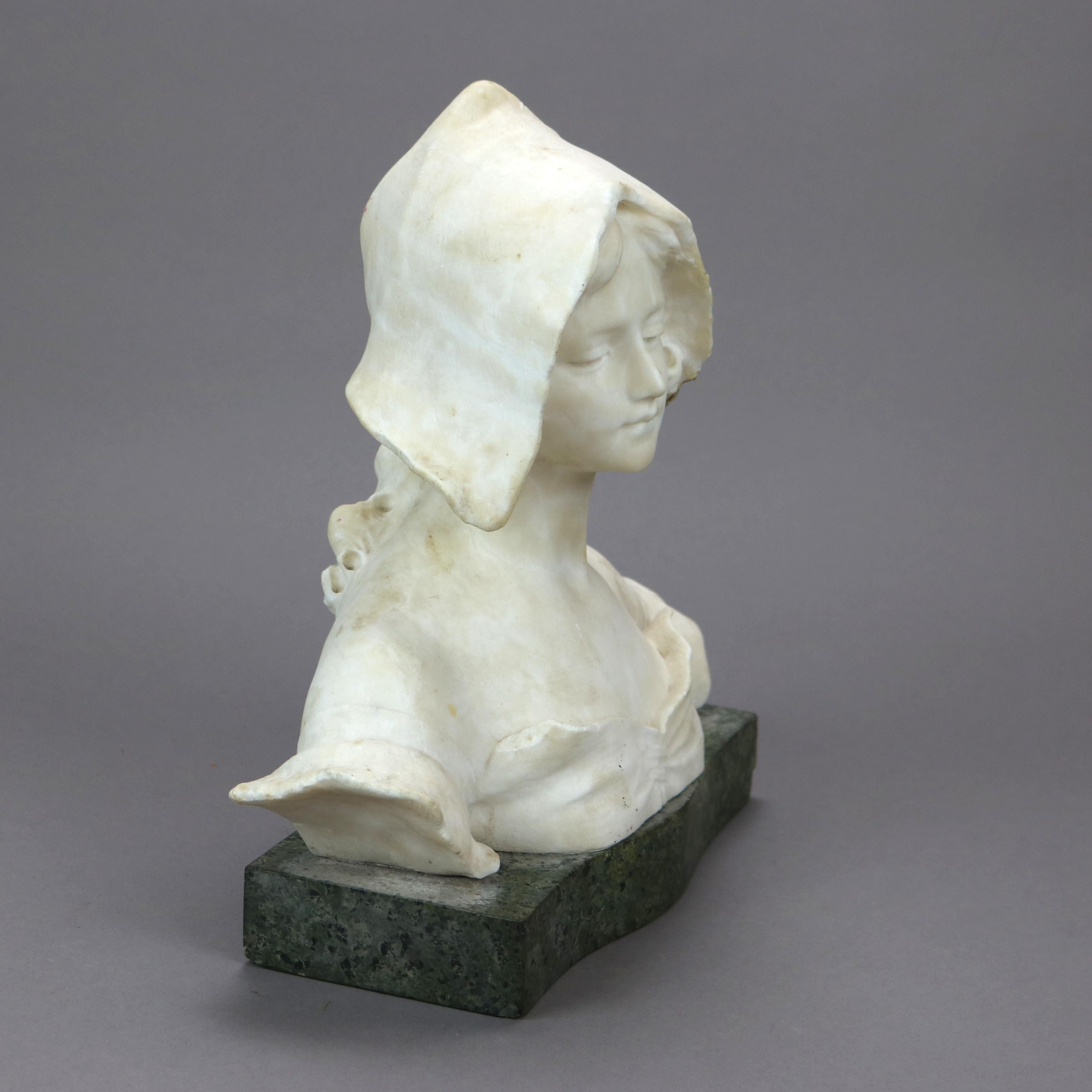Carved Alabaster Portrait Sculpture of a Young Woman, Green Marble Plinth c1900 2