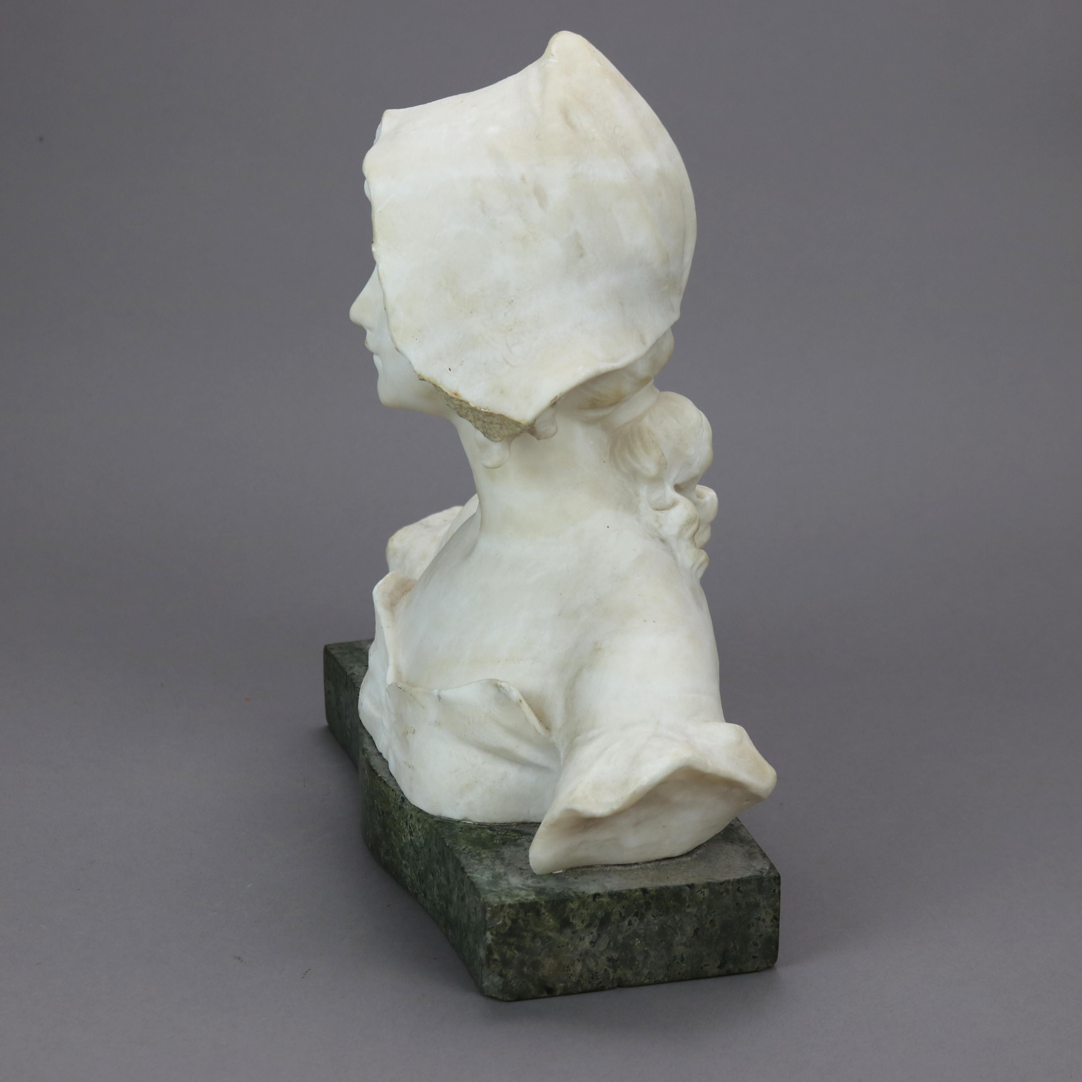 Carved Alabaster Portrait Sculpture of a Young Woman, Green Marble Plinth c1900 3