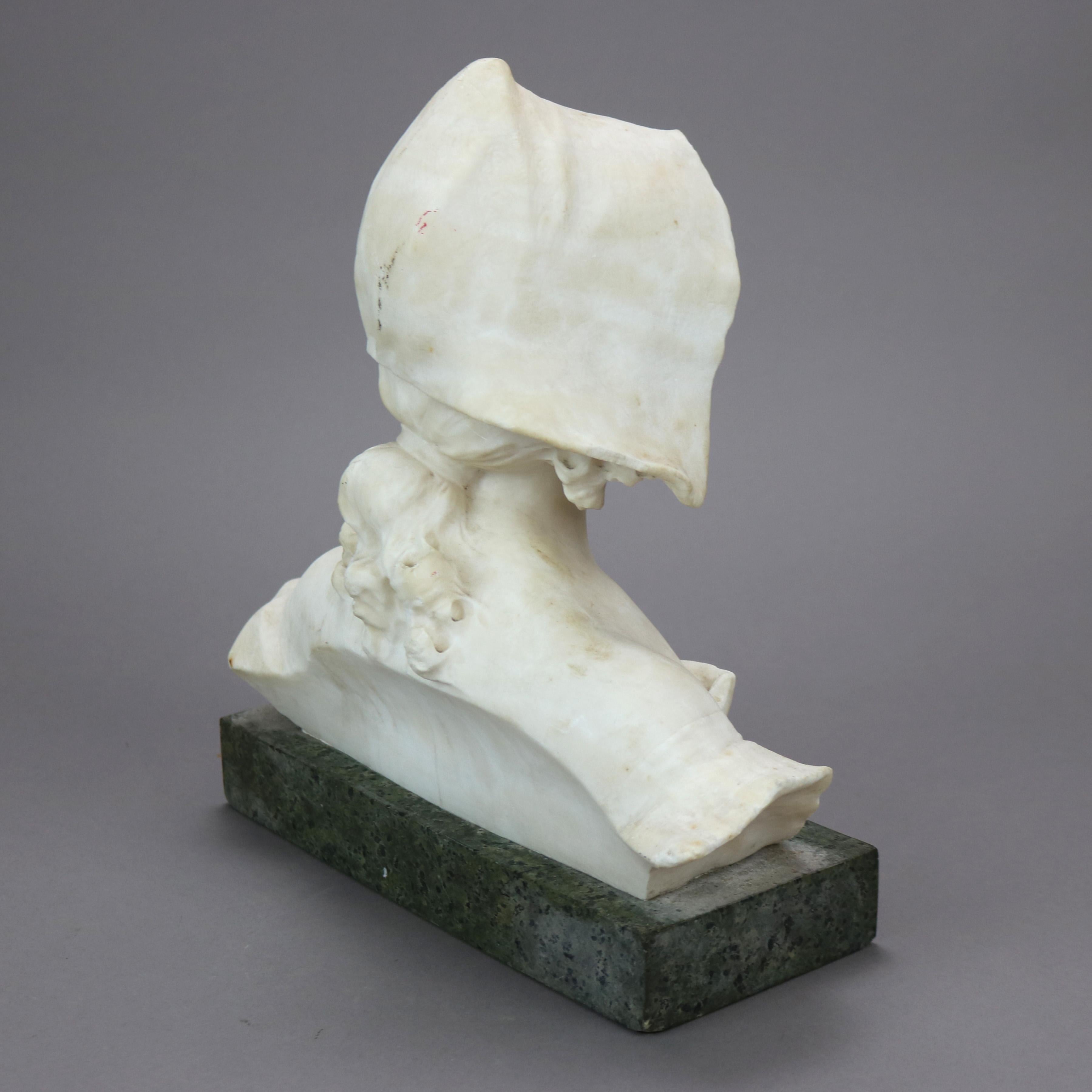 Carved Alabaster Portrait Sculpture of a Young Woman, Green Marble Plinth c1900 4