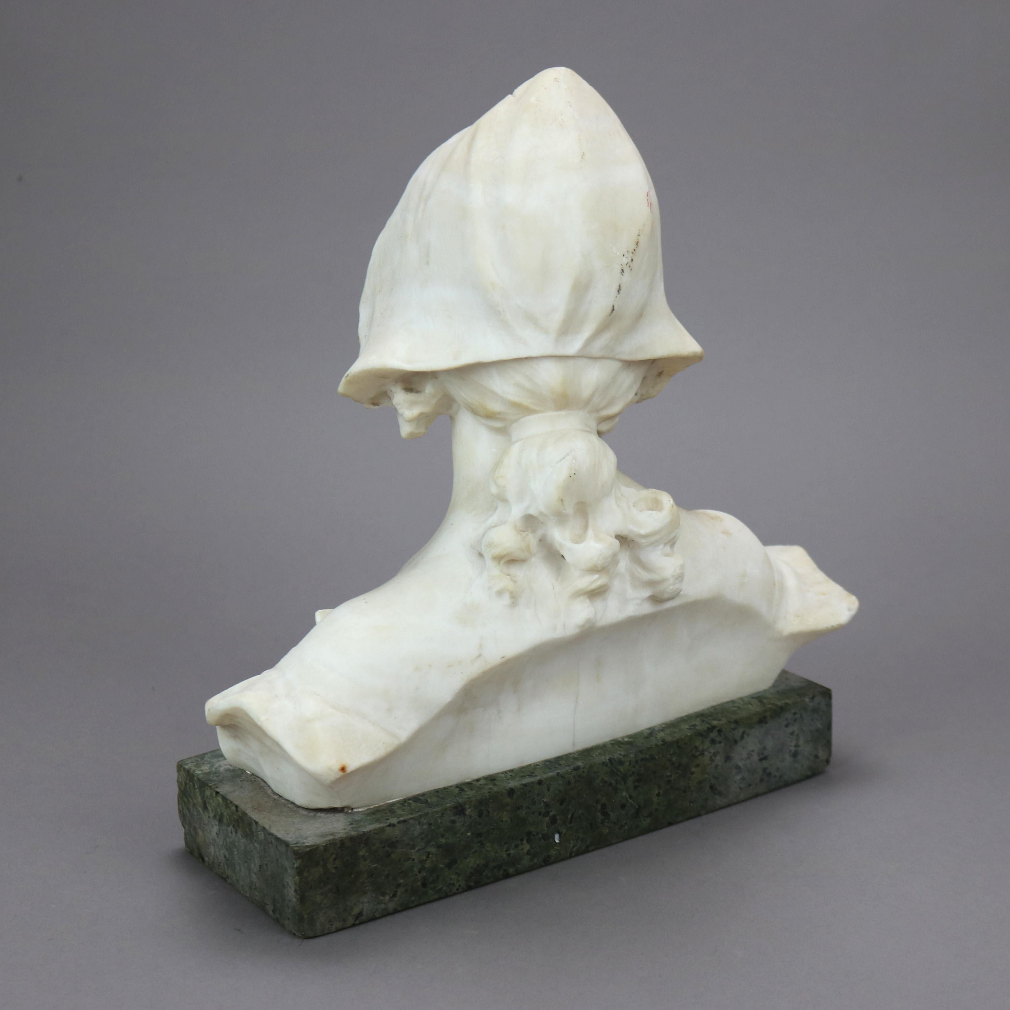 Carved Alabaster Portrait Sculpture of a Young Woman, Green Marble Plinth c1900 5