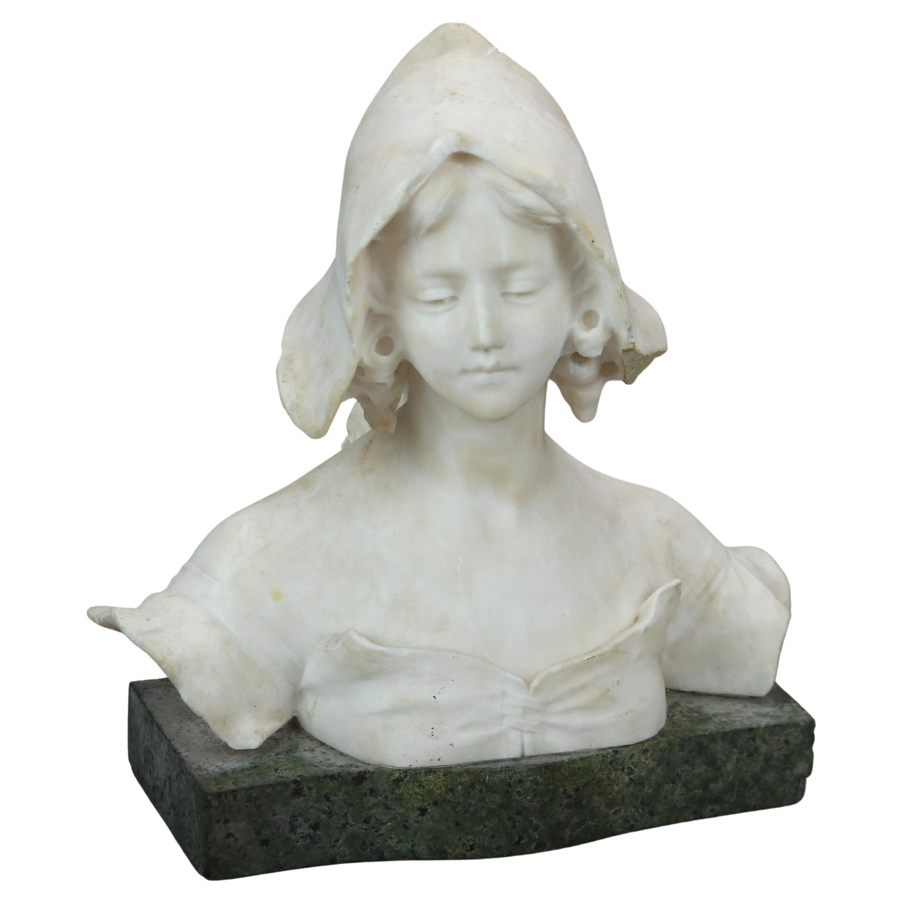 Carved Alabaster Portrait Sculpture of a Young Woman, Green Marble Plinth c1900