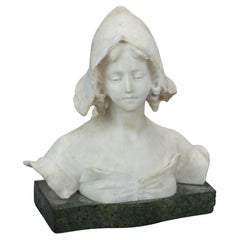 Carved Alabaster Portrait Sculpture of a Young Woman, Green Marble Plinth c1900