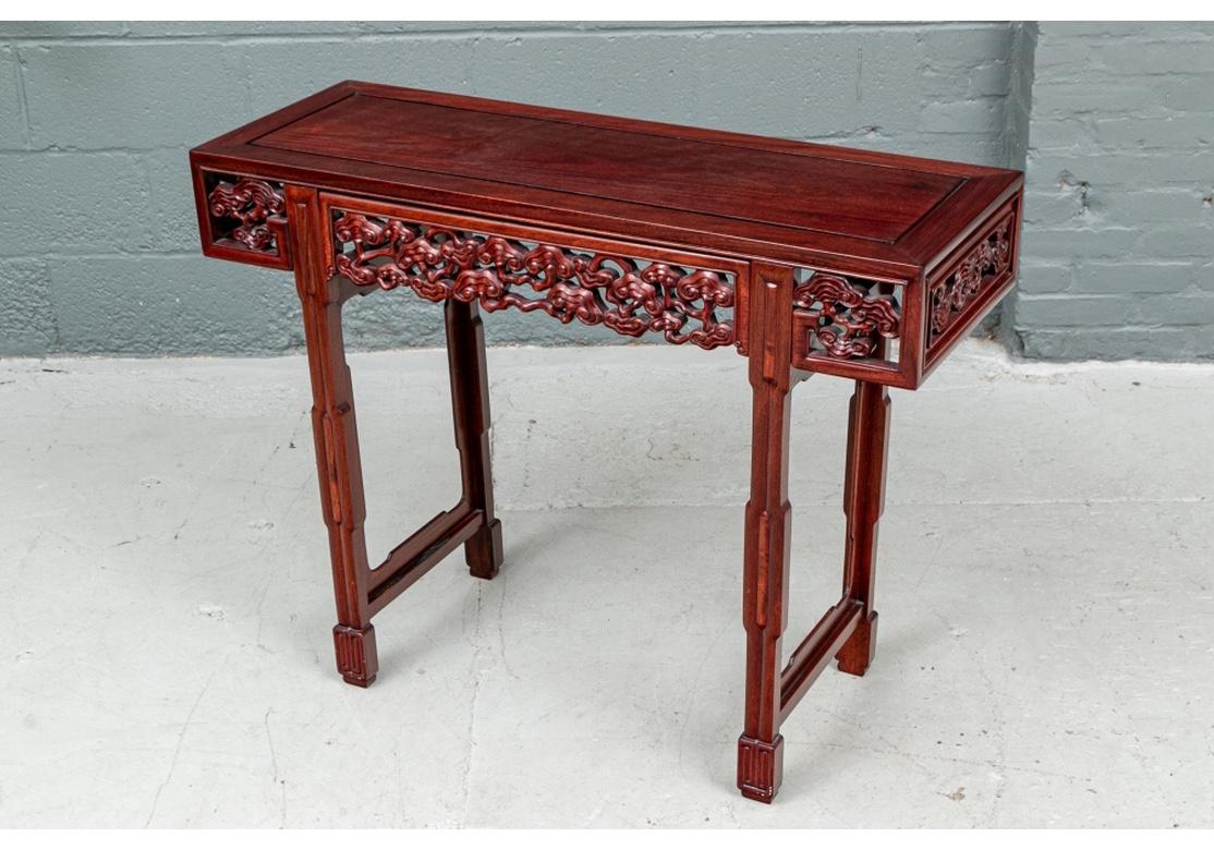 Qing Carved Altar Style Red Mahogany Console Table For Sale