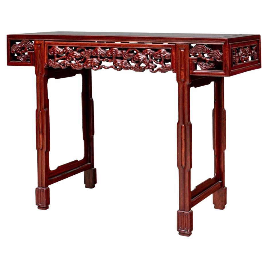 Carved Altar Style Red Mahogany Console Table For Sale