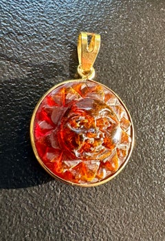 Carved Amber Sun Pendant 18K Gold Antique Celestial Necklace