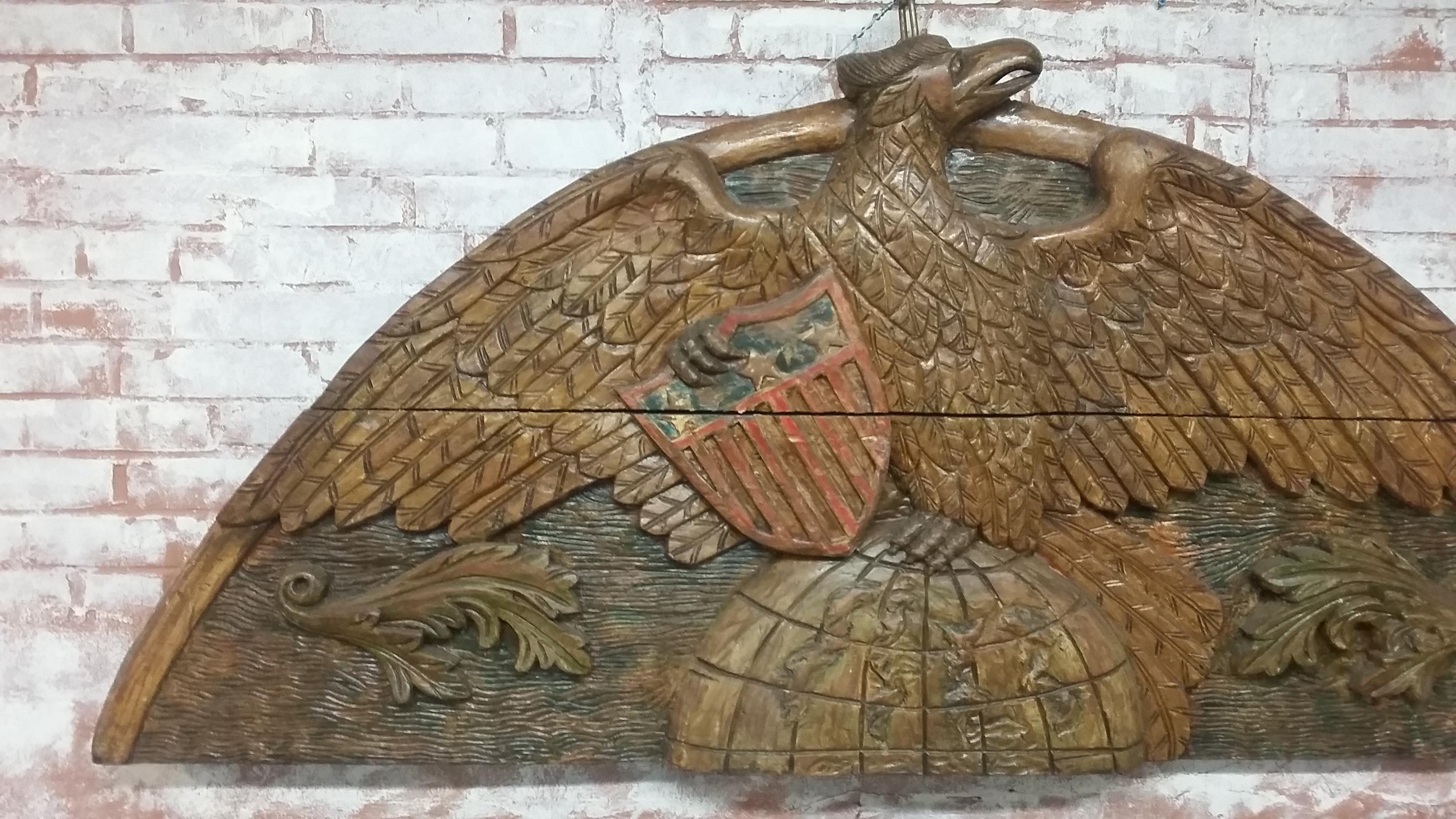 Vintage Carved American Eagle Sitting atop World Plague  In Good Condition In Stamford, CT