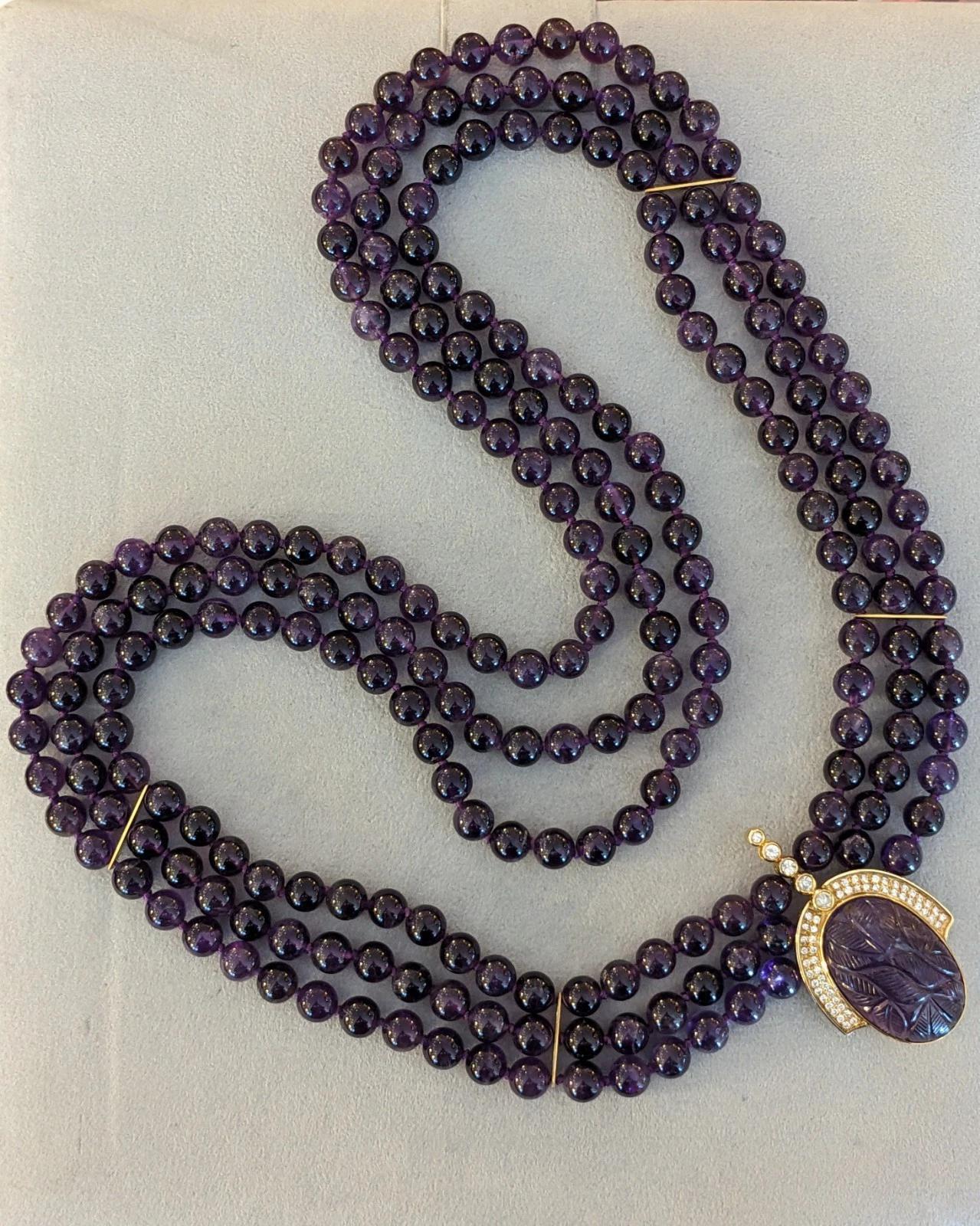 Collar de Cuentas con Colgante de Amatista Tallada y Diamantes en Oro Amarillo de 18k en Excelente estado para la venta en La Jolla, CA