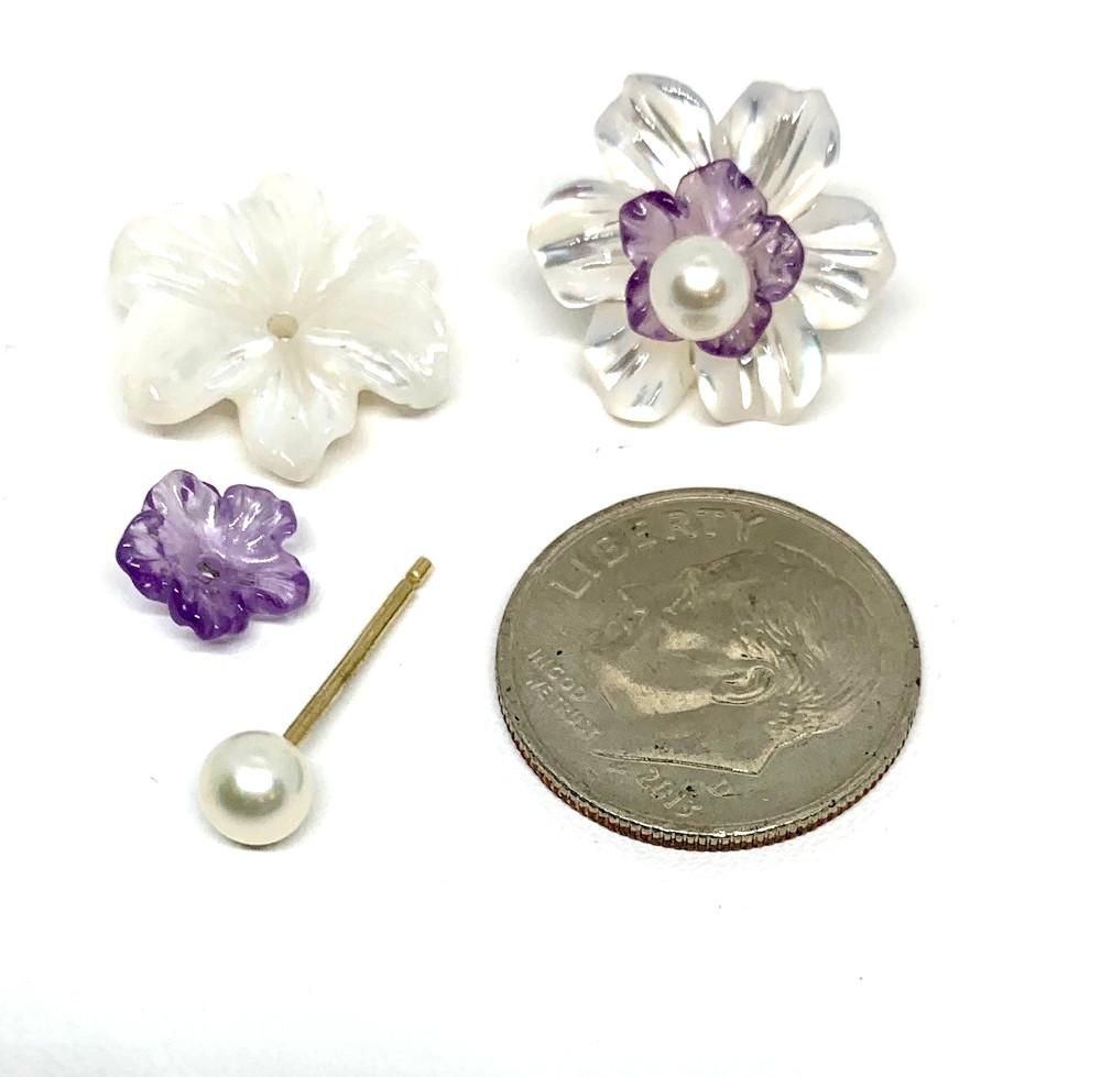 Artisan Carved Amethyst, Mother-of-Pearl 18k Floral Earring Jackets w/ White Pearl Posts