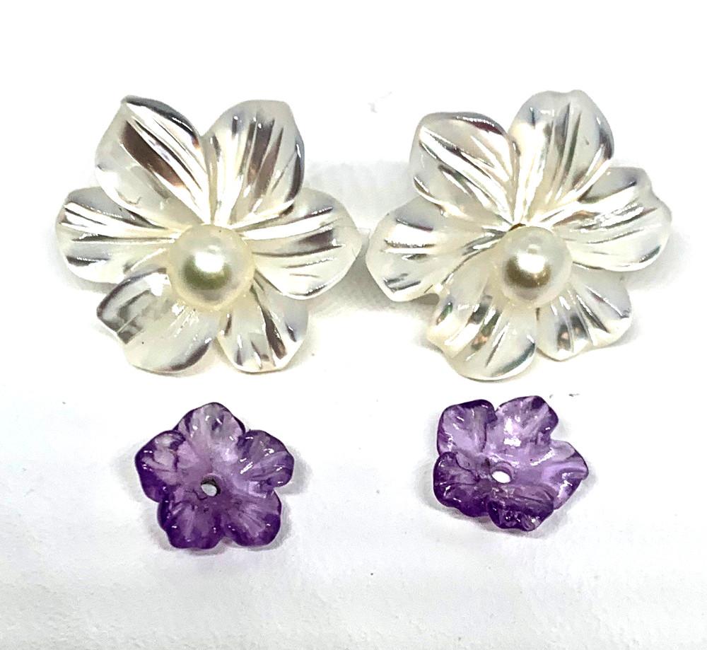 Springtime is upon us and what better way to celebrate the season than with pretty floral earrings that can be worn in several different ways? Violet colored amethyst and lustrous mother-of-pearl flowers can be worn together with the pearl studs