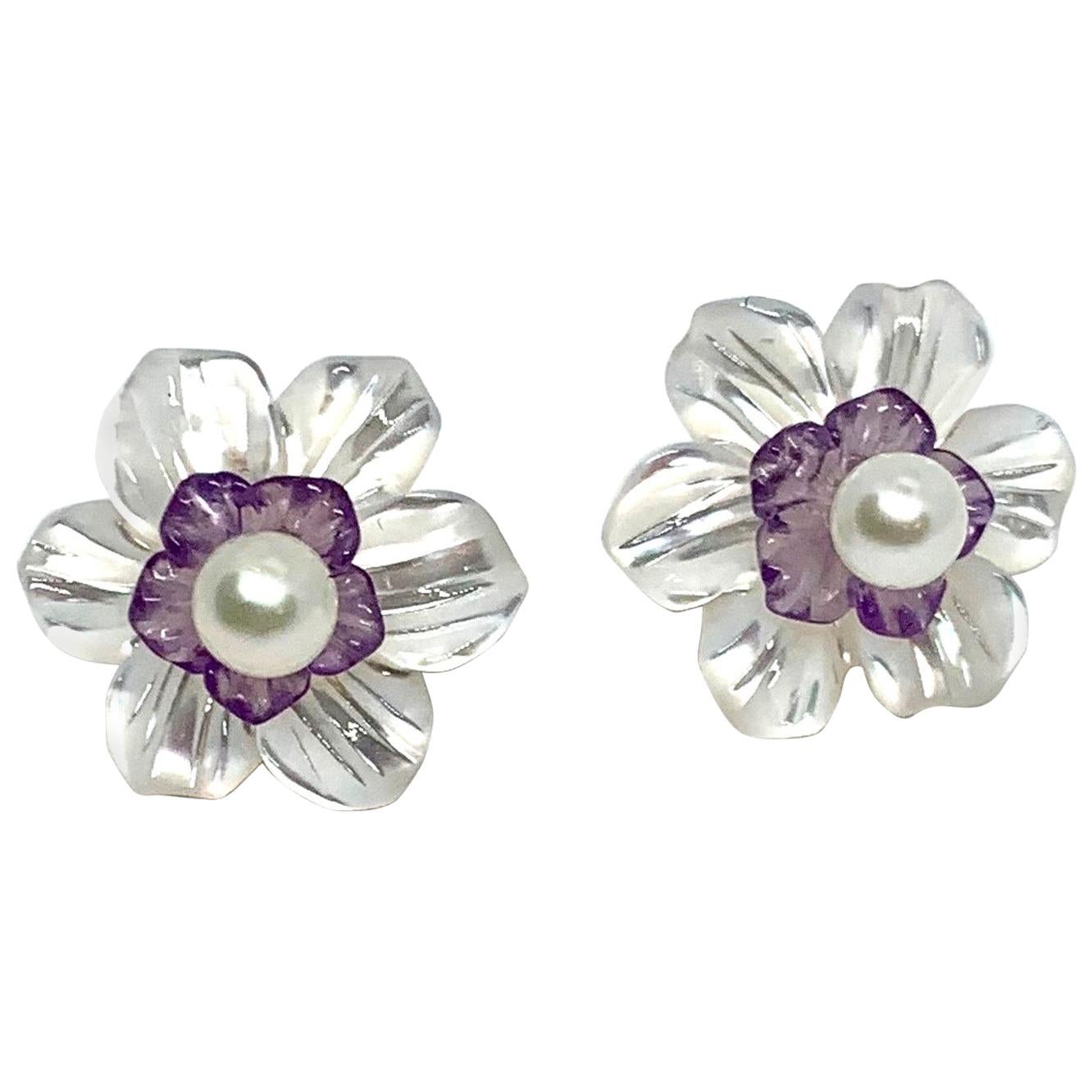 Carved Amethyst, Mother-of-Pearl 18k Floral Earring Jackets w/ White Pearl Posts
