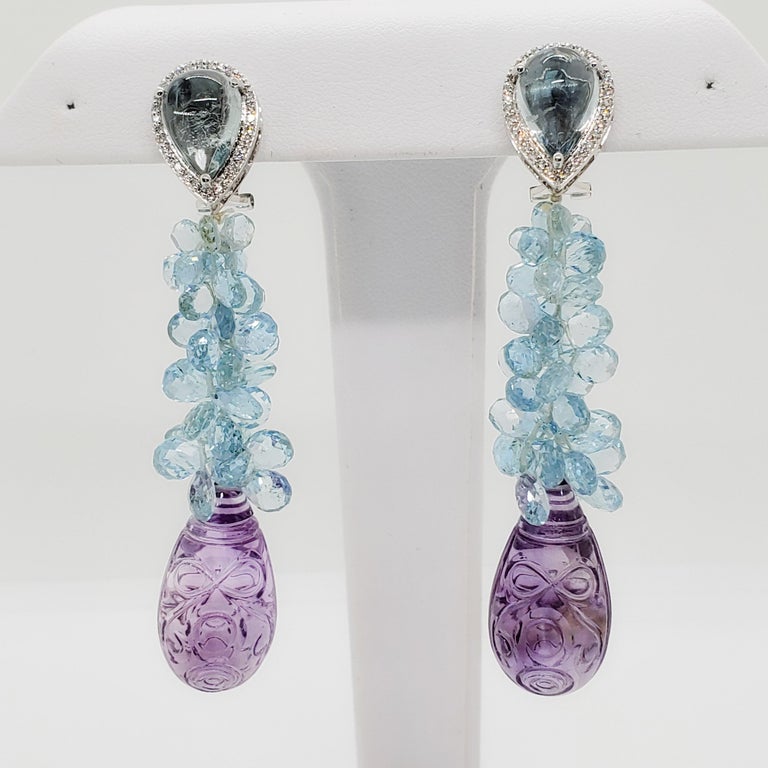 Carved Amethyst, Aquamarine Briolette, and White Diamond Earrings in ...