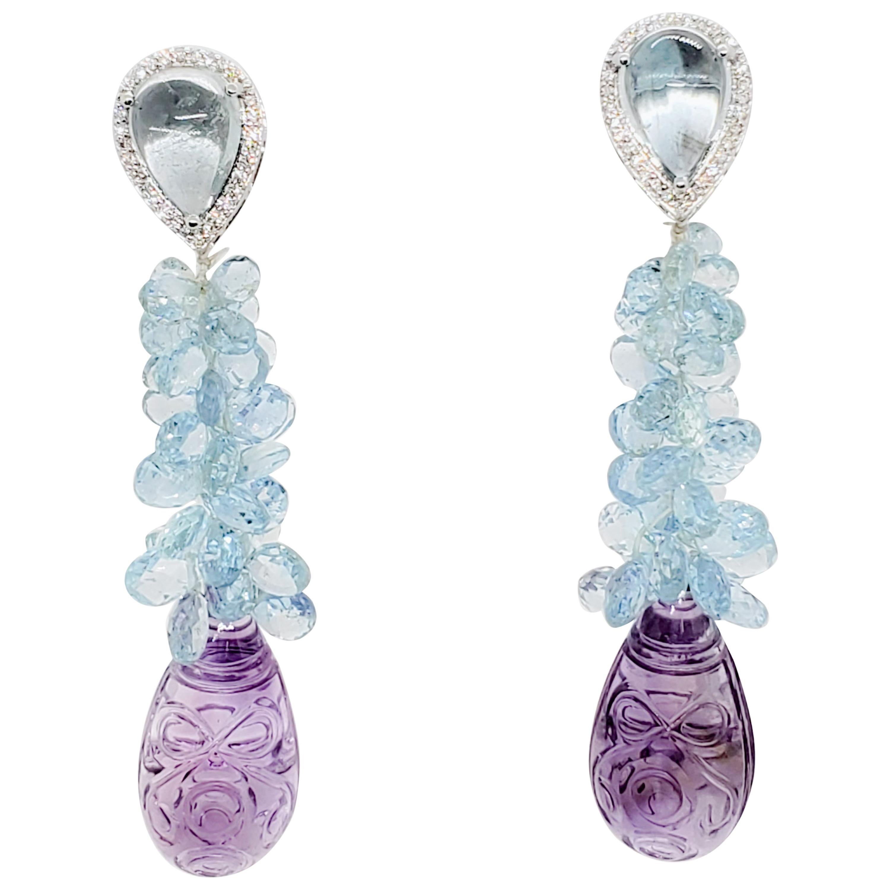 Carved Amethyst, Aquamarine Briolette, and White Diamond Earrings in 18k Gold