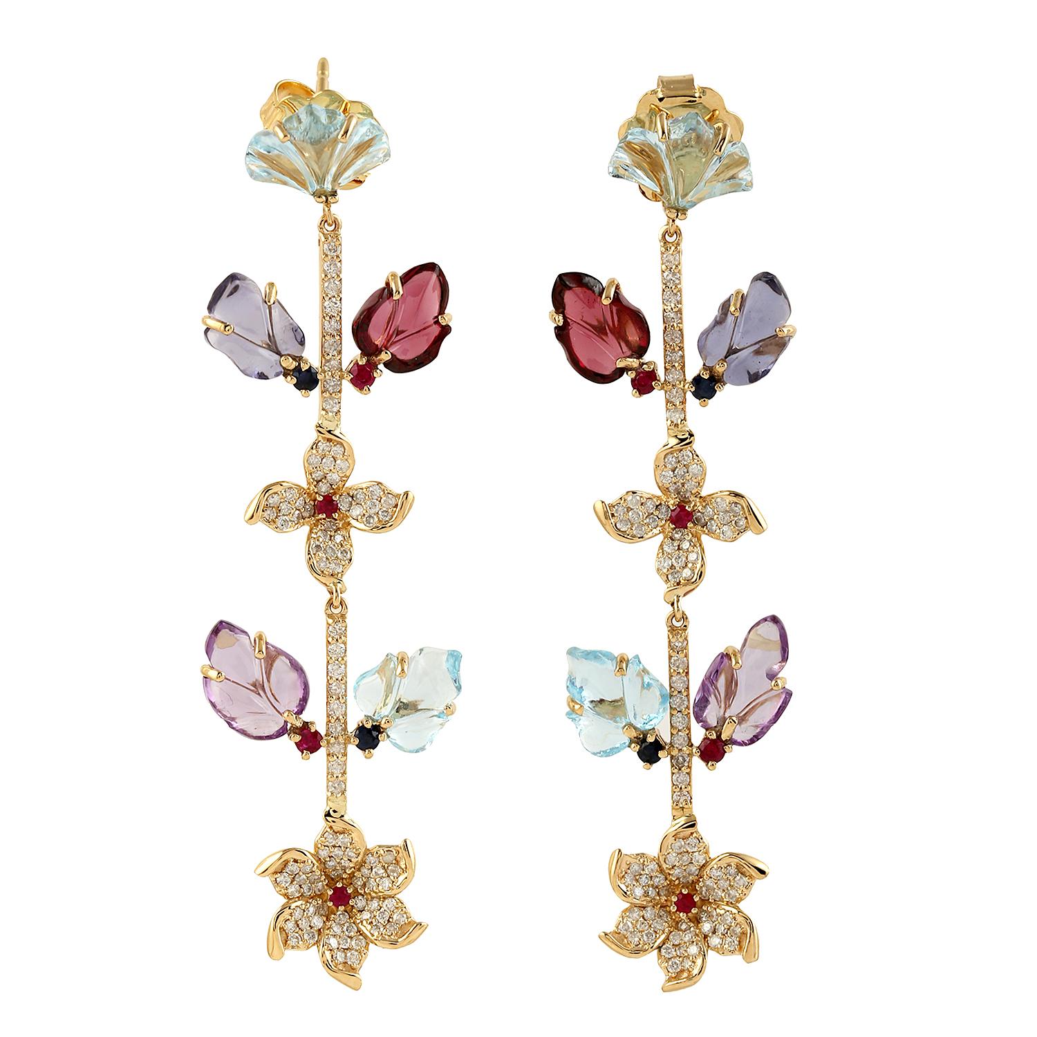 Cast in 18-karat gold. These beautiful earrings are set with 13.25 carats of carved multi gemstone, amethyst,  quartz, topaz, ruby and 1.01 carats of sparkling diamonds.  See other flower collection matching pieces.

FOLLOW  MEGHNA JEWELS storefront