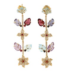 Carved Amethyst Blue Topaz Ruby 14 Karat Gold Linear Flower Diamond Earrings