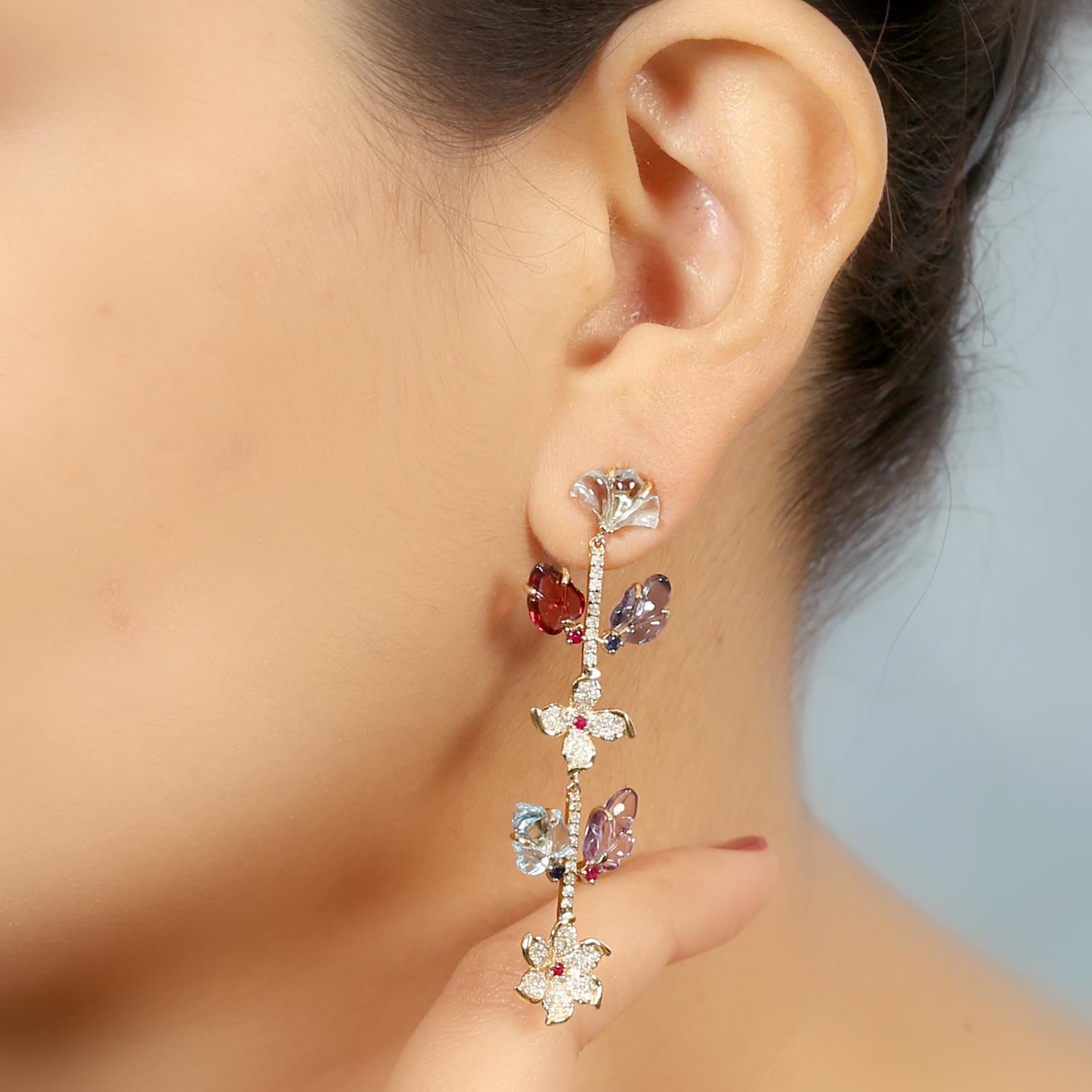 Modern Carved Amethyst Blue Topaz Ruby 18 Karat Gold Linear Flower Diamond Earrings For Sale