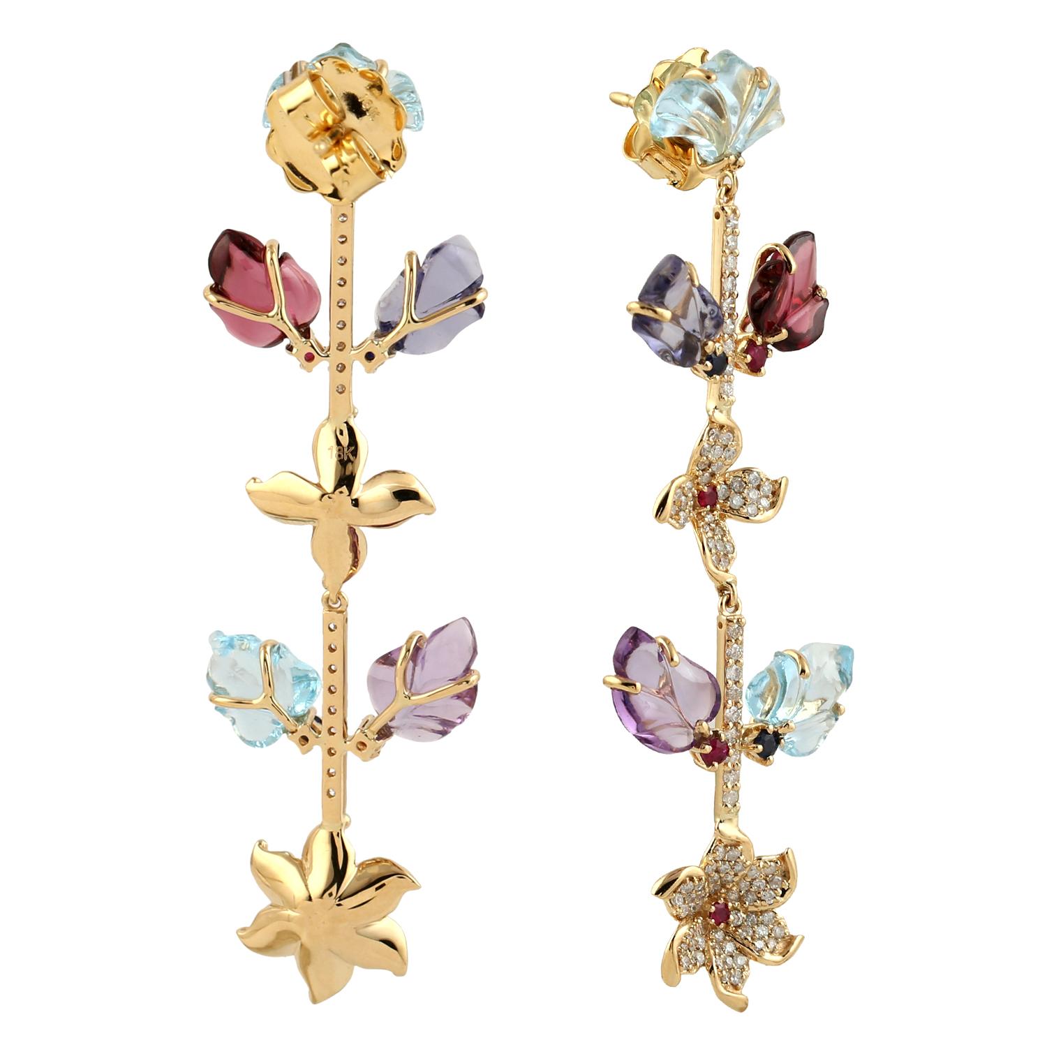 Mixed Cut Carved Amethyst Blue Topaz Ruby 18 Karat Gold Linear Flower Diamond Earrings For Sale
