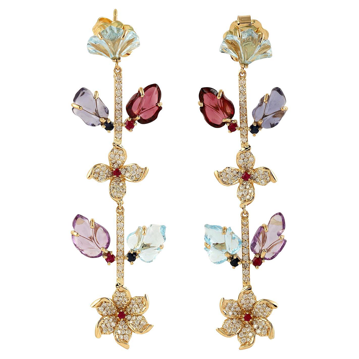 Carved Amethyst Blue Topaz Ruby 18 Karat Gold Linear Flower Diamond Earrings For Sale