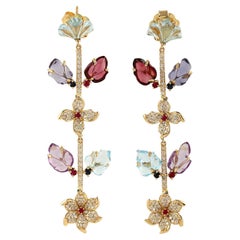Pendientes Flor Lineal Diamante Amatista Tallada Topacio Azul Rubí Oro de 18 Kilates