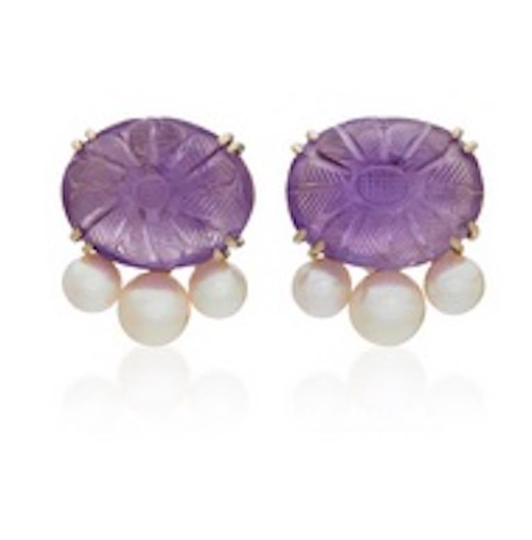 Contemporary Sorab & Roshi Carved Amethyst button Earrings with pearls underneath