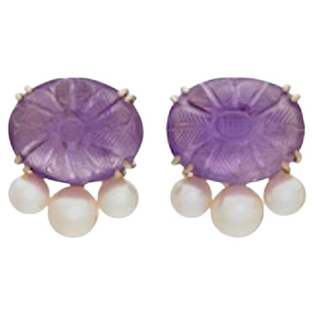 Sorab & Roshi Carved Amethyst button Earrings with pearls underneath