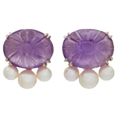 Sorab & Roshi Carved Amethyst button Earrings with pearls underneath