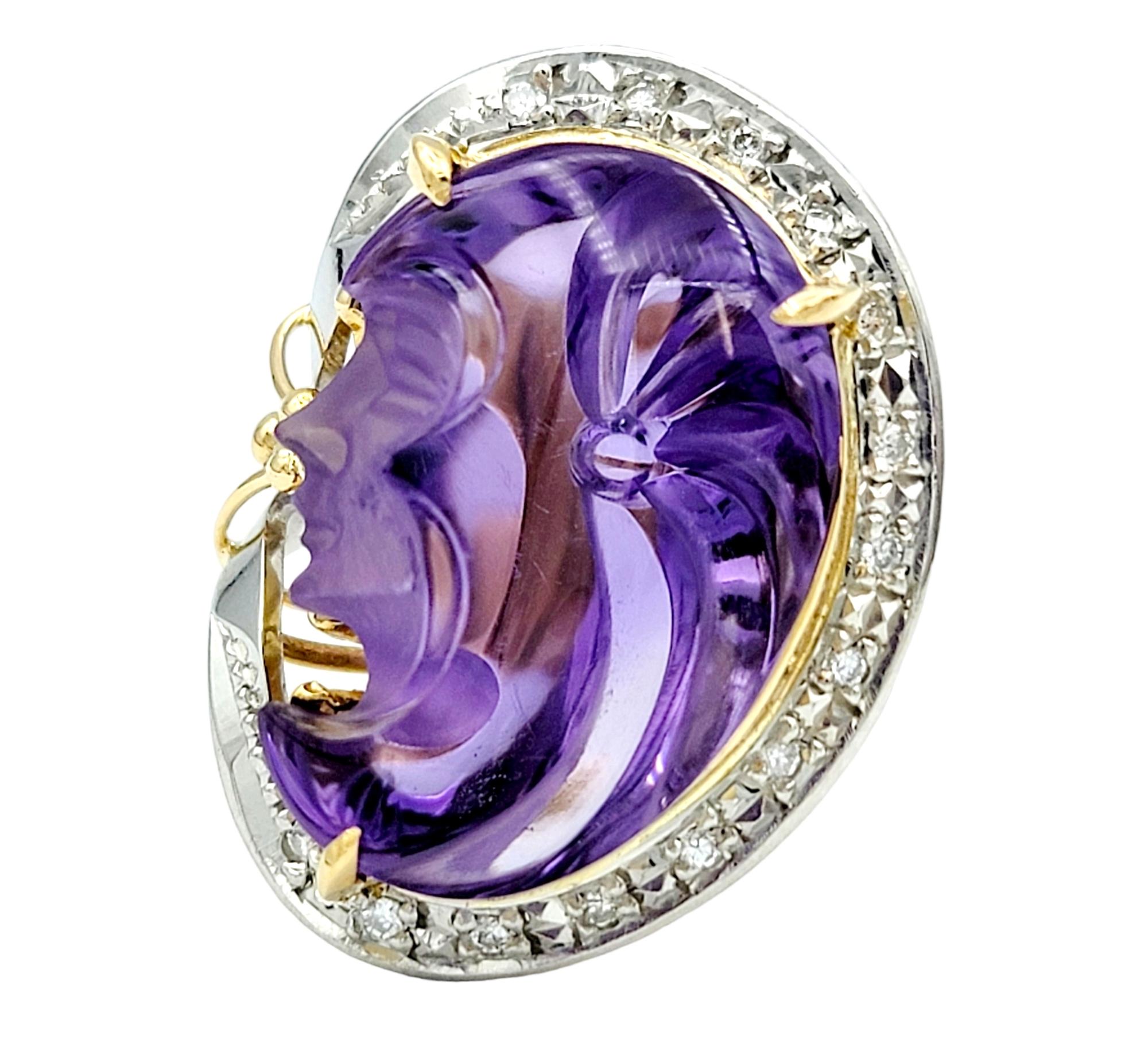 Contemporary Carved Amethyst Profile and Diamond Ring in 18 Karat Yellow Gold and Platinum For Sale