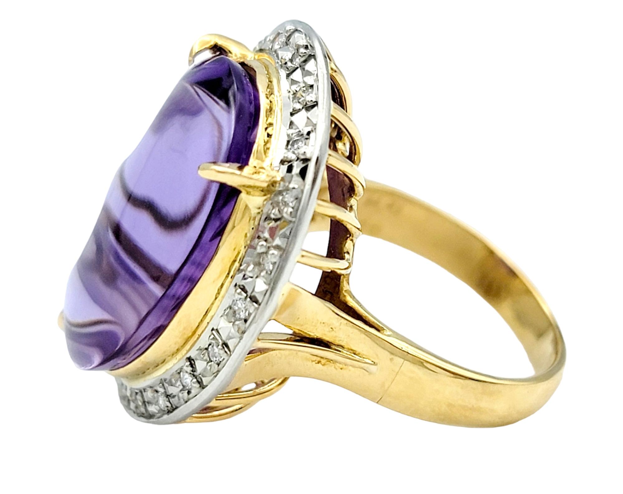 Oval Cut Carved Amethyst Profile and Diamond Ring in 18 Karat Yellow Gold and Platinum For Sale