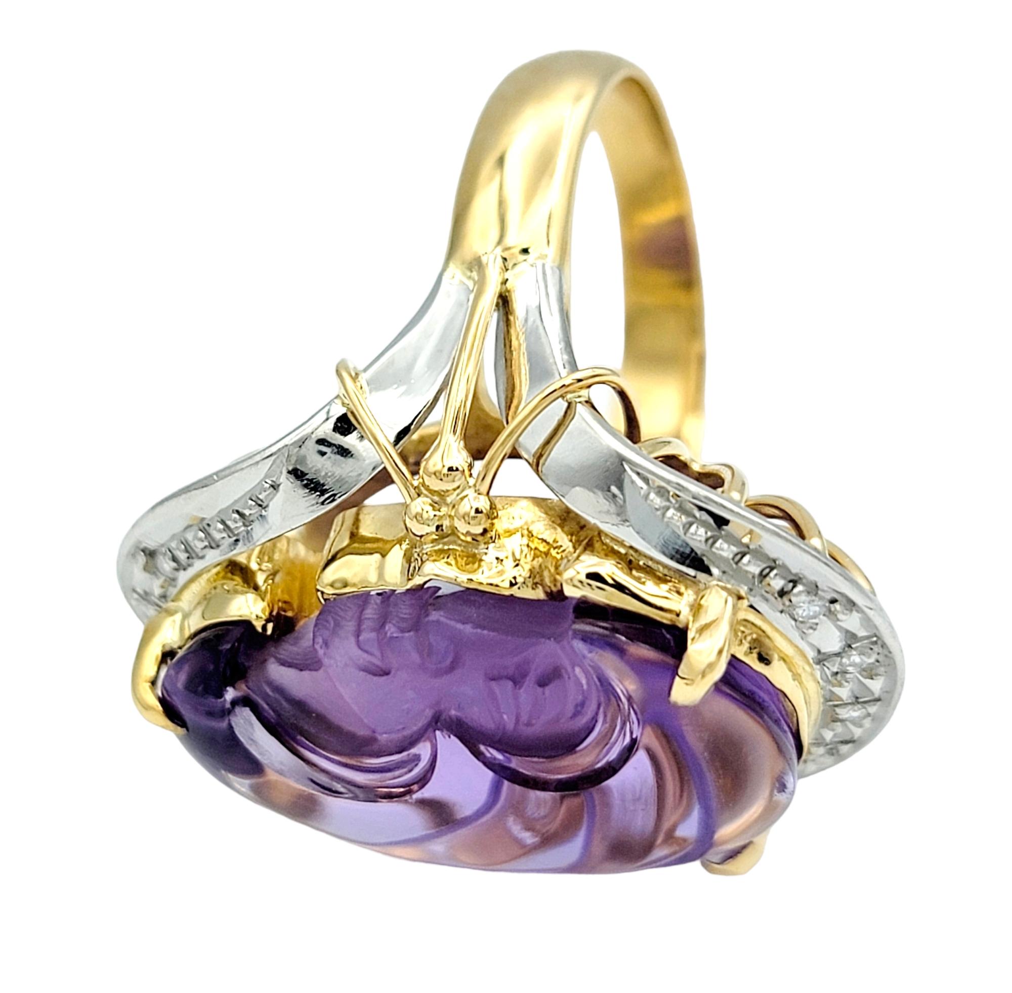 Carved Amethyst Profile and Diamond Ring in 18 Karat Yellow Gold and Platinum In Good Condition For Sale In Scottsdale, AZ