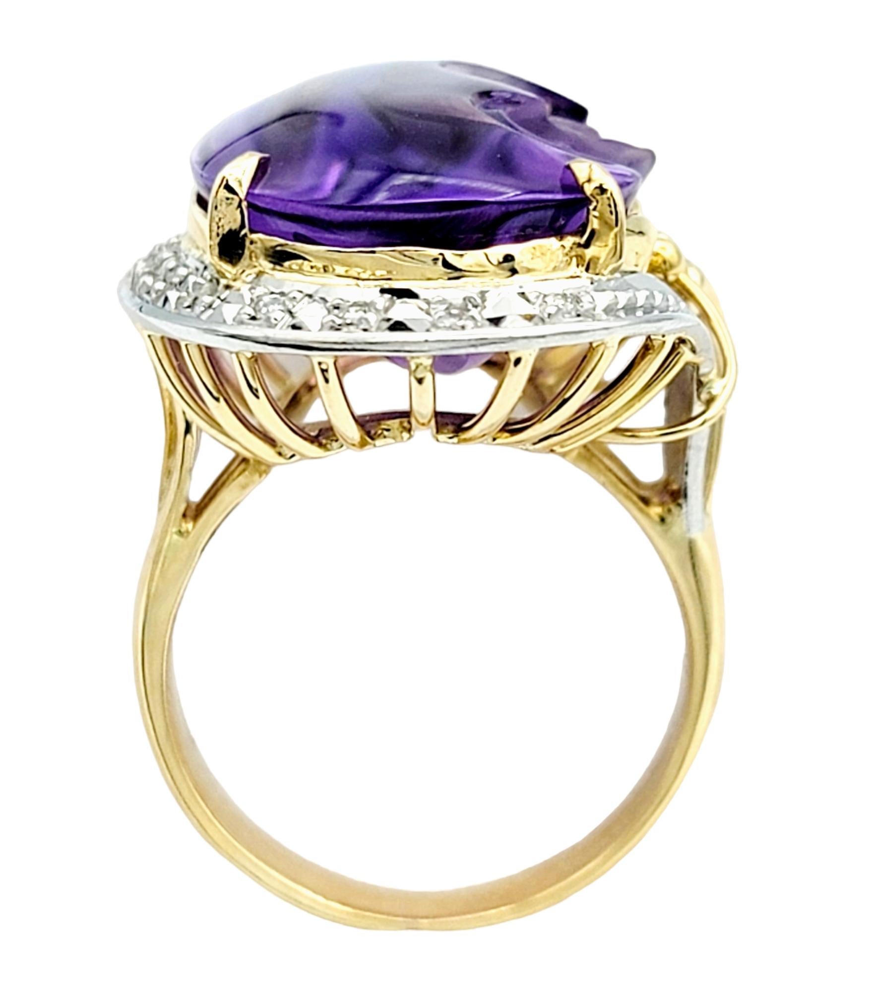 Women's or Men's Carved Amethyst Profile and Diamond Ring in 18 Karat Yellow Gold and Platinum For Sale