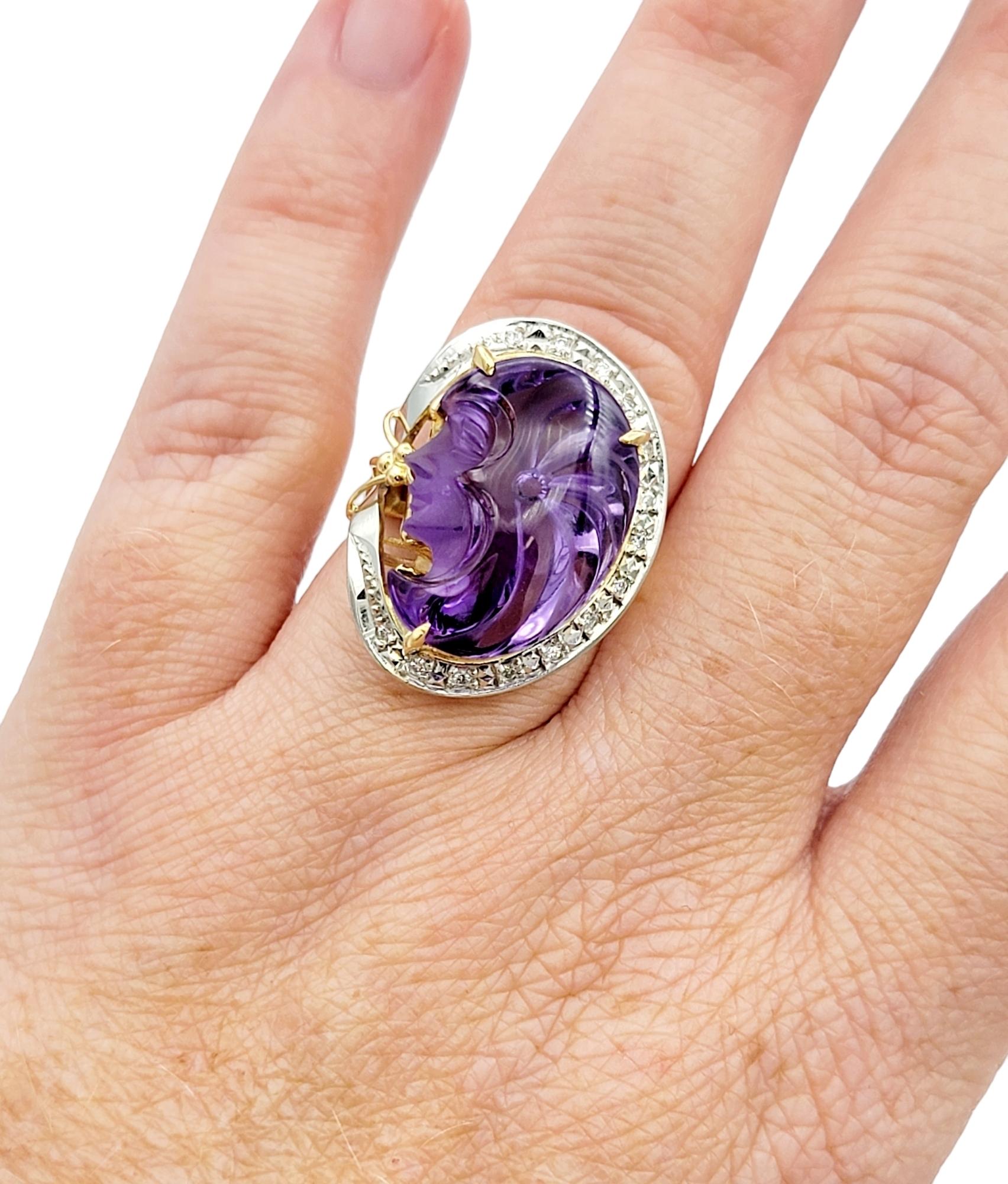 Carved Amethyst Profile and Diamond Ring in 18 Karat Yellow Gold and Platinum For Sale 3
