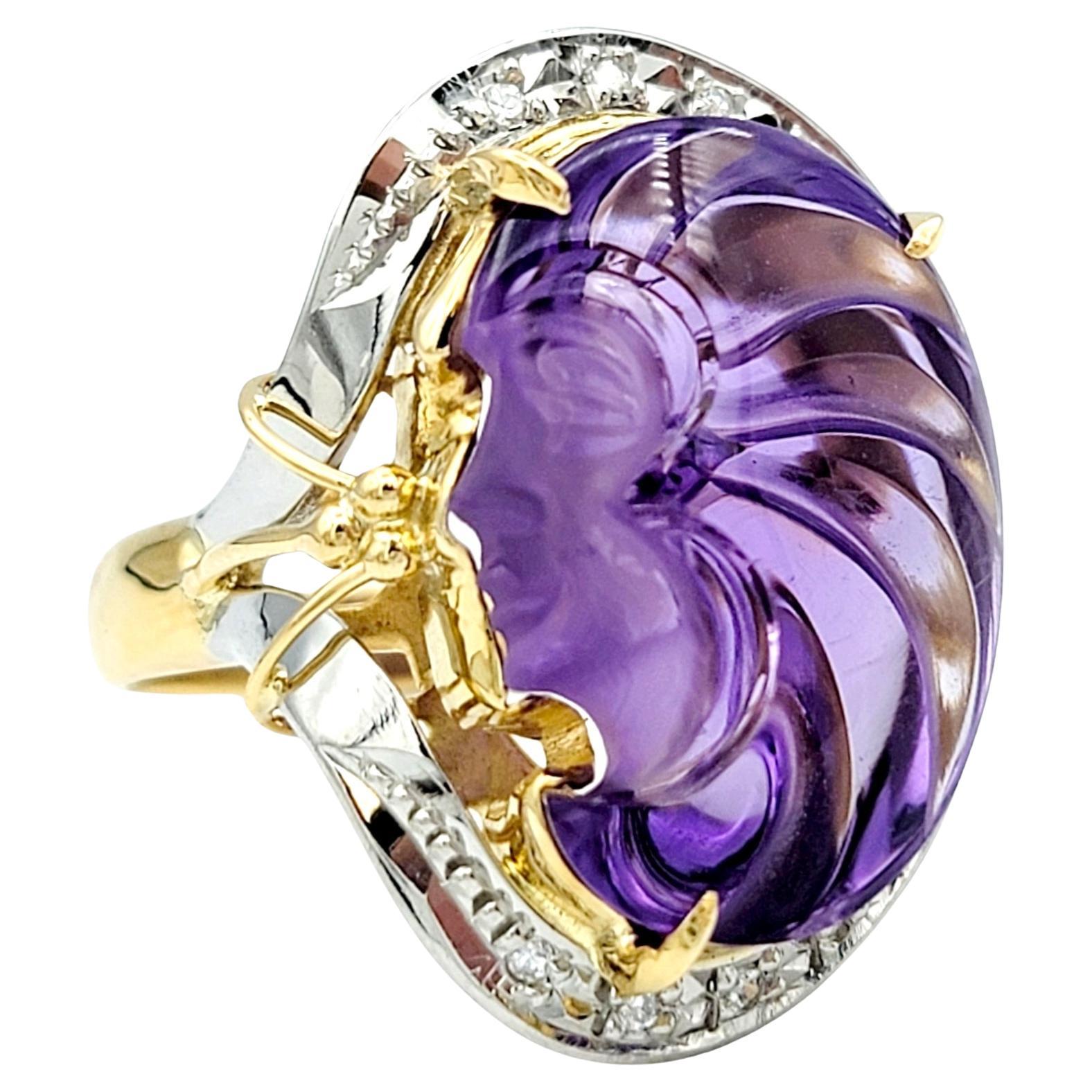Carved Amethyst Profile and Diamond Ring in 18 Karat Yellow Gold and Platinum For Sale