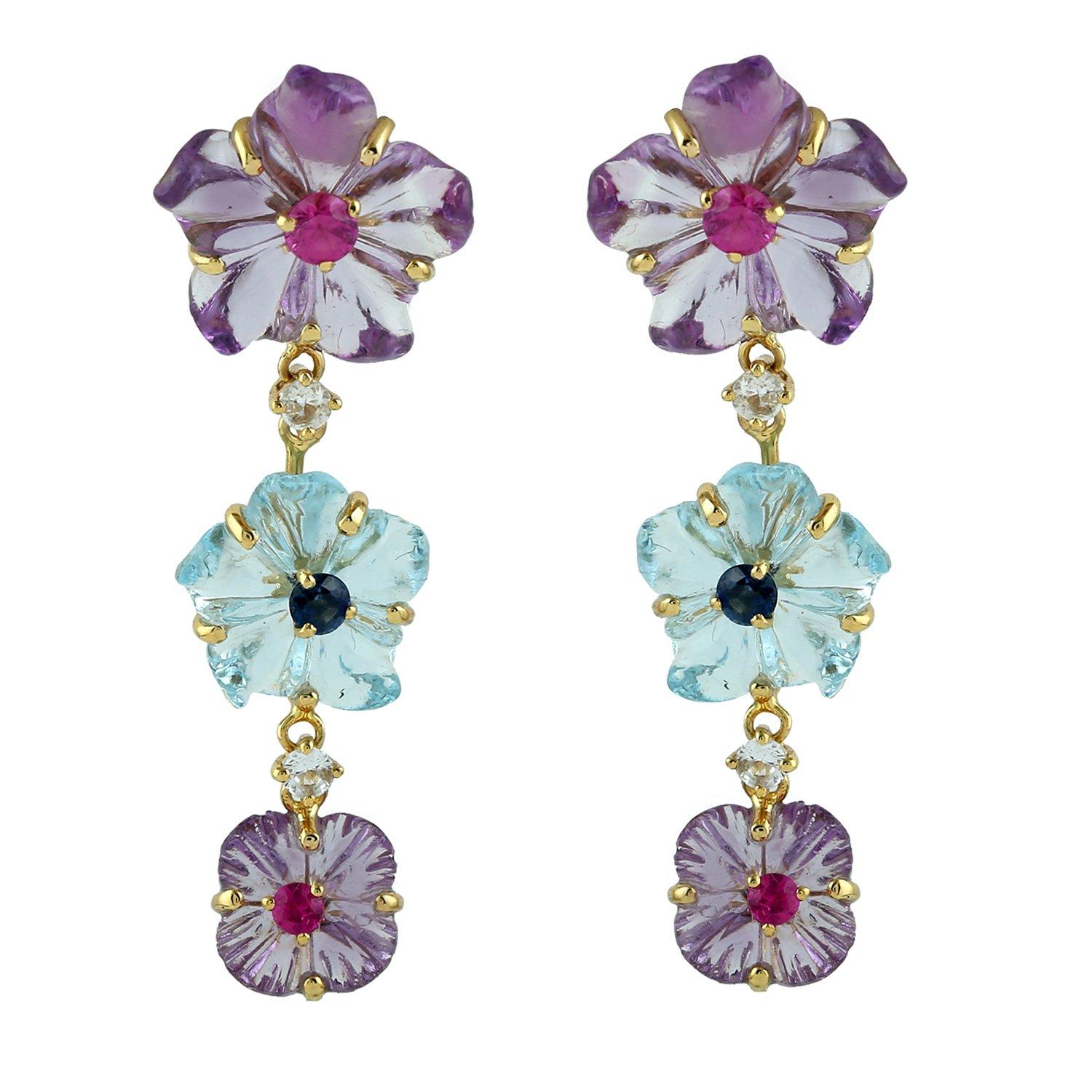 Carved Amethyst Citrine 18 Karat Gold Flower Stud Earrings For Sale 8