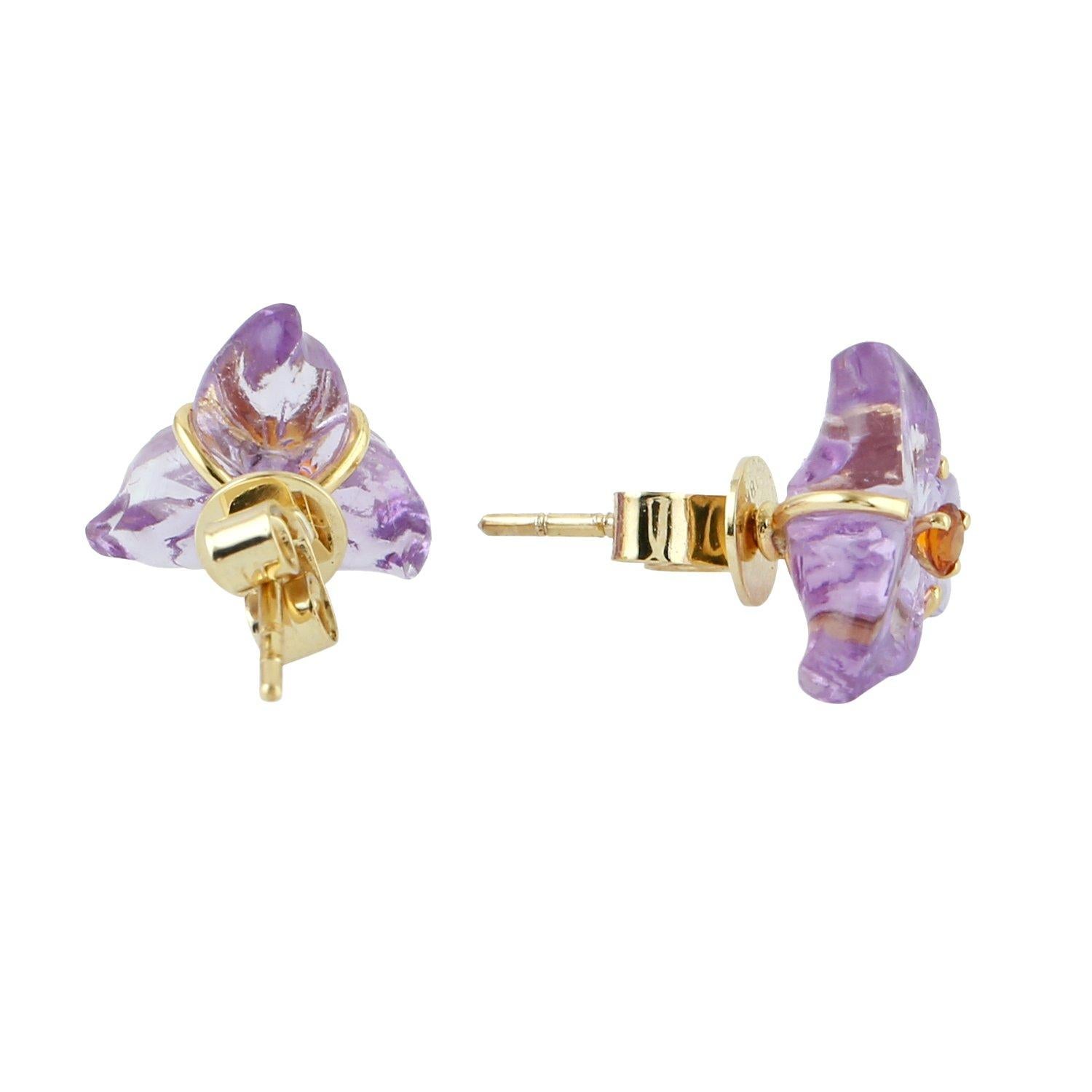 Cast in 18-karat gold. These beautiful stud earrings are set with 7.04 carats hand carved amethyst and .16 carats citrine.  See other flower collection matching pieces.

FOLLOW  MEGHNA JEWELS storefront to view the latest collection & exclusive